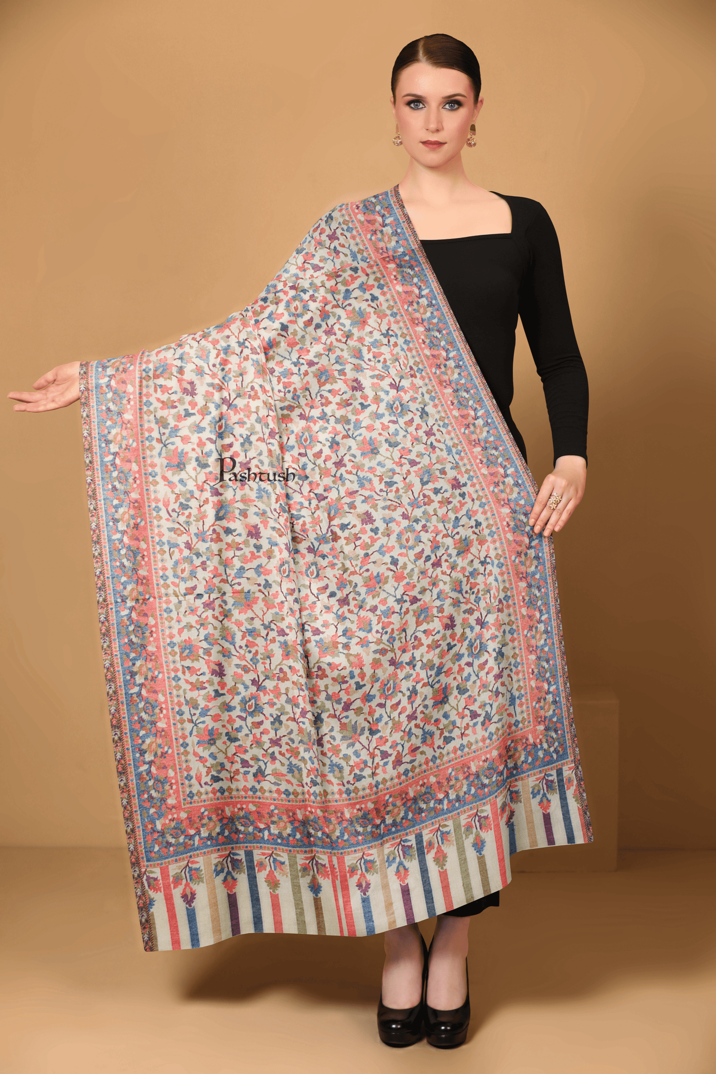 Pashtush India Womens Shawls Pashtush Womens Fine Wool Shawl, Design, Ivory