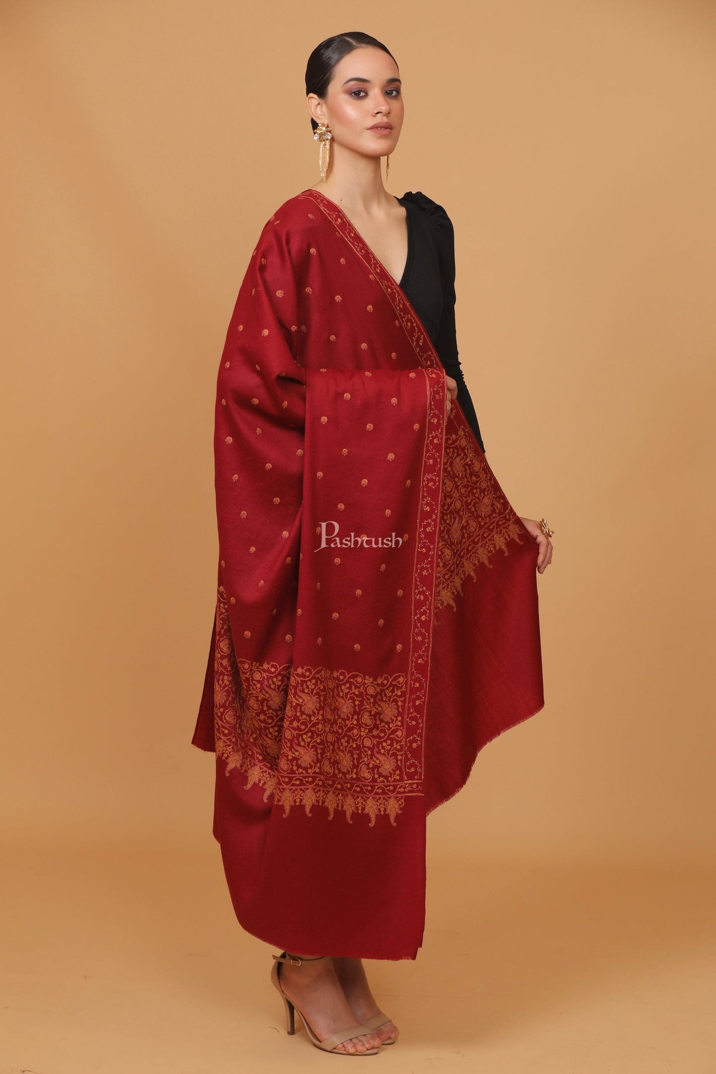 Pashtush India Womens Stoles and Scarves Scarf Pashtush womens Fine Wool shawl, embroidery shawl Paisley jaal palla design, Maroon