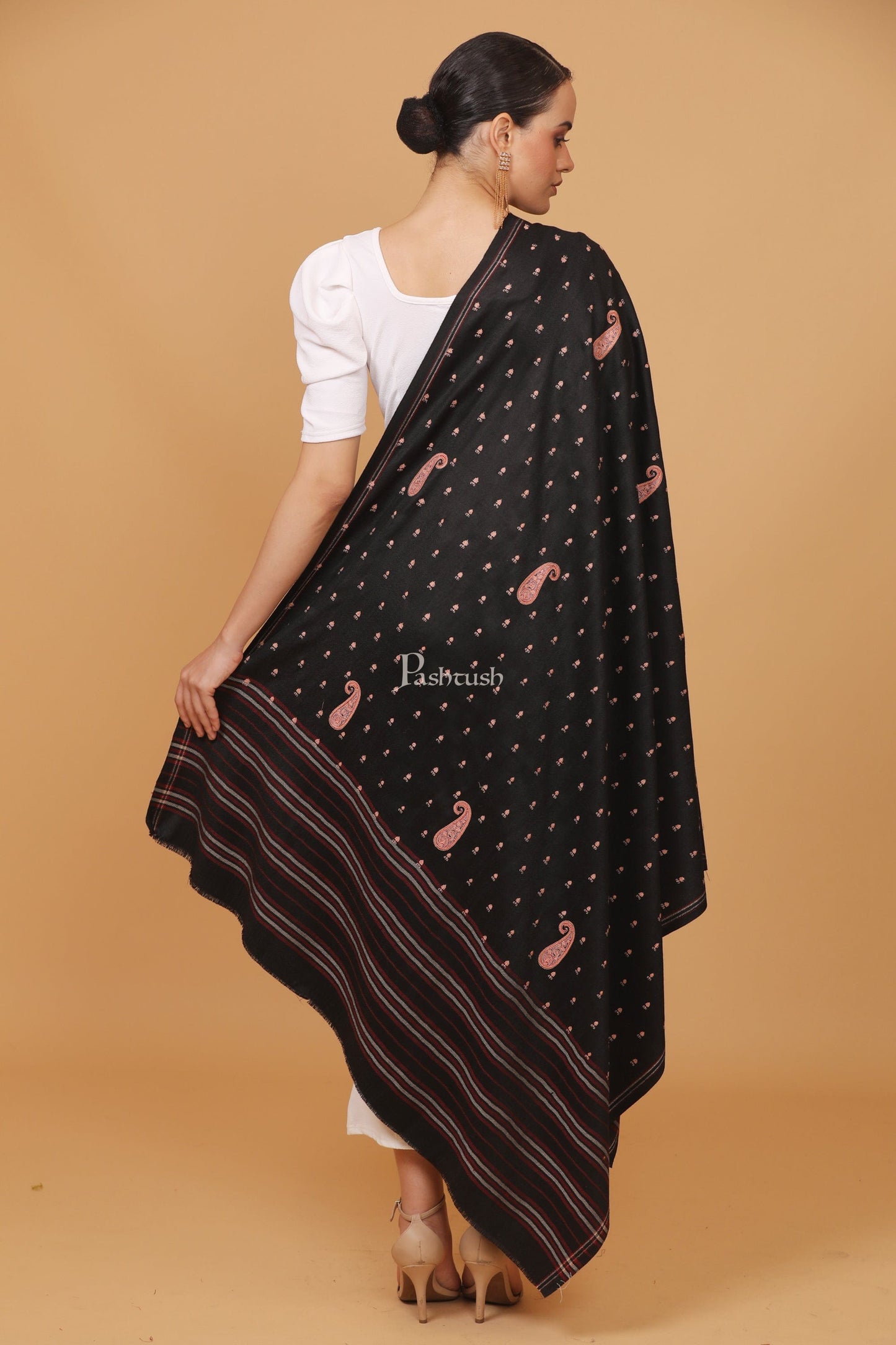 Pashtush India Womens Stoles and Scarves Scarf Pashtush womens Fine Wool shawl, embroidery shawl stripe palla design, Black