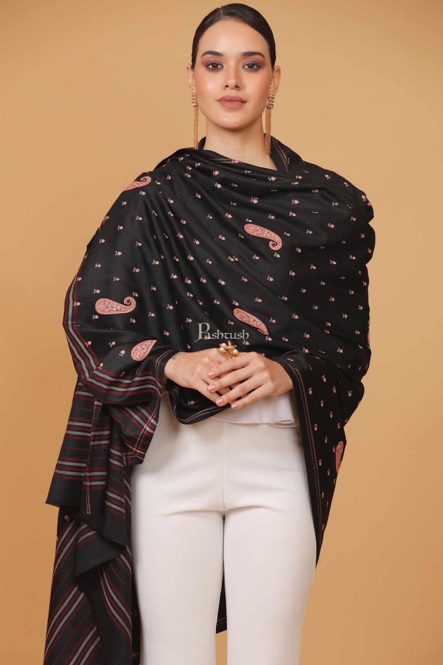 Pashtush India Womens Stoles and Scarves Scarf Pashtush womens Fine Wool shawl, embroidery shawl stripe palla design, Black
