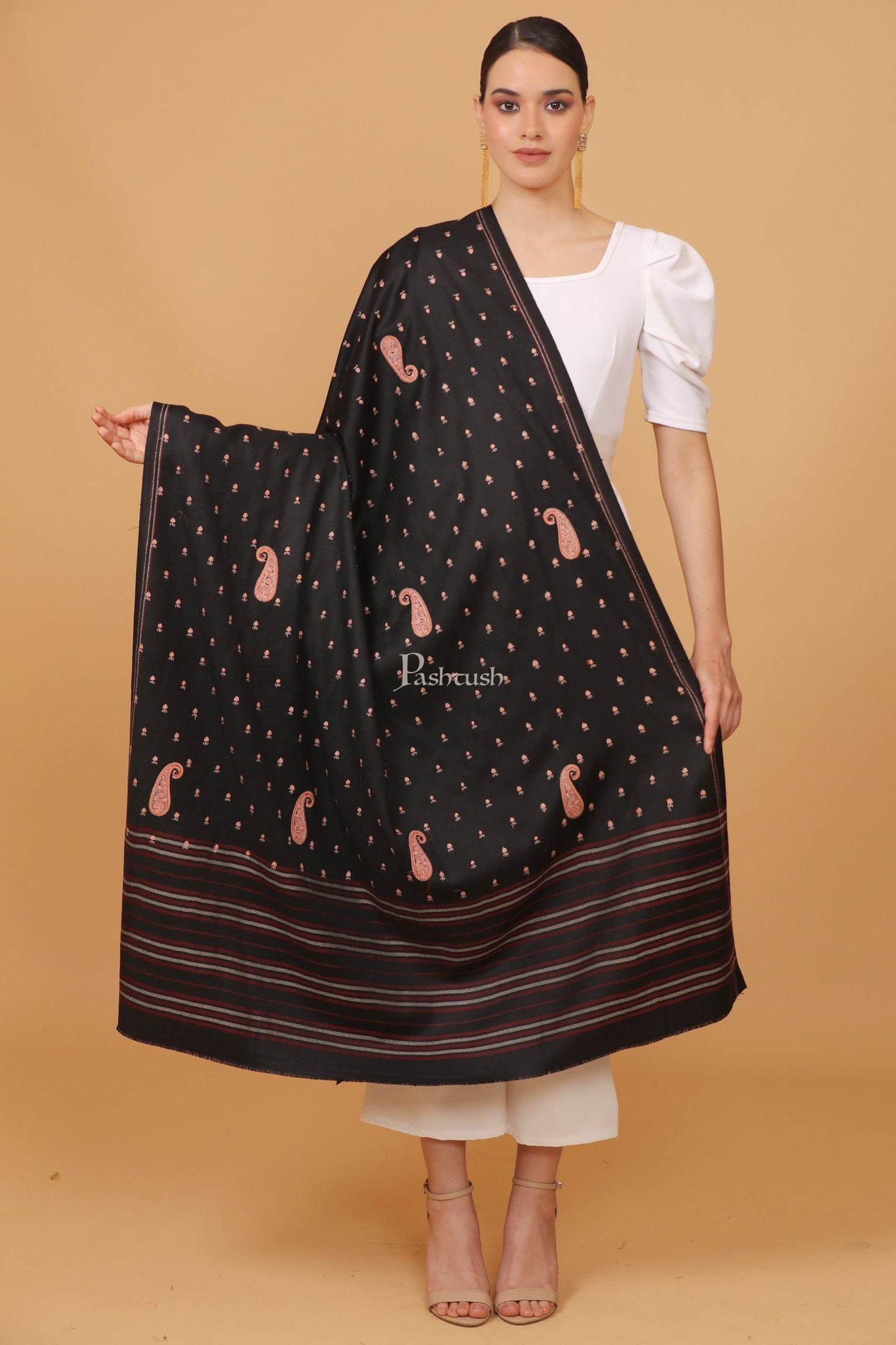 Pashtush India Womens Stoles and Scarves Scarf Pashtush womens Fine Wool shawl, embroidery shawl stripe palla design, Black