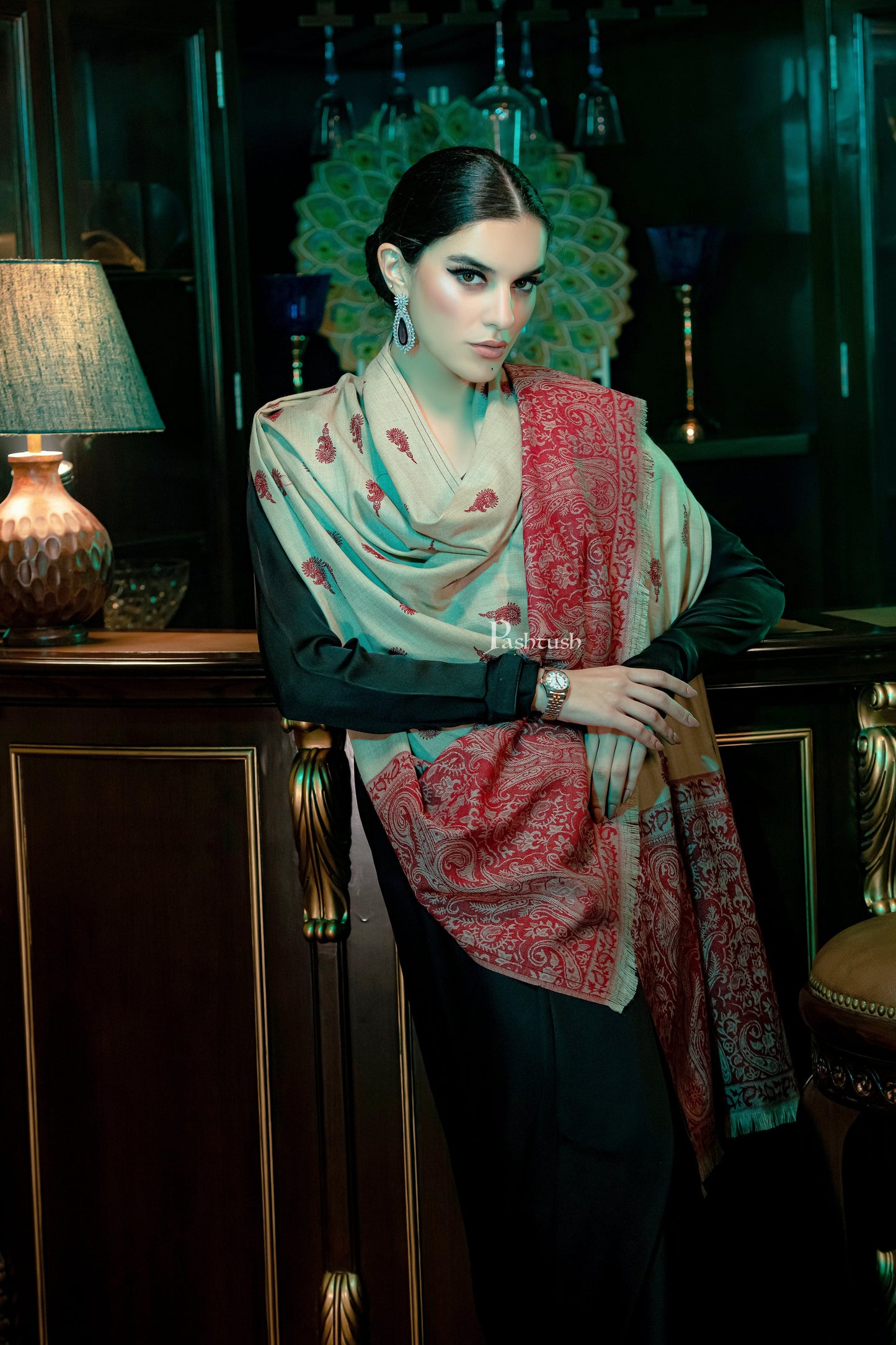Pashtush India Womens Shawls Pashtush womens Fine Wool Shawl, Ethnic motifs design, Beige And Maroon