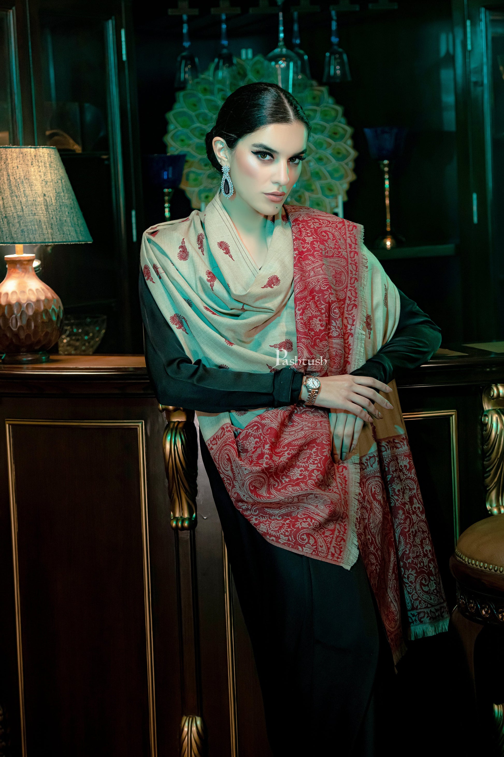 Pashtush India Womens Shawls Pashtush womens Fine Wool Shawl, Ethnic motifs design, Beige And Maroon