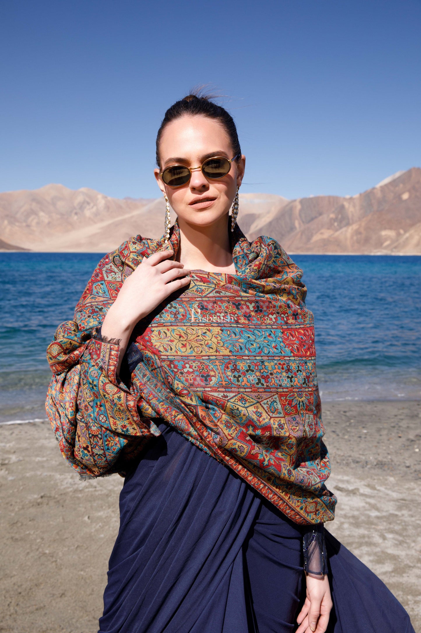 Pashtush India Womens Shawls Pashtush Womens Fine Wool Shawl, Ethnic Weave Design, Multicolour