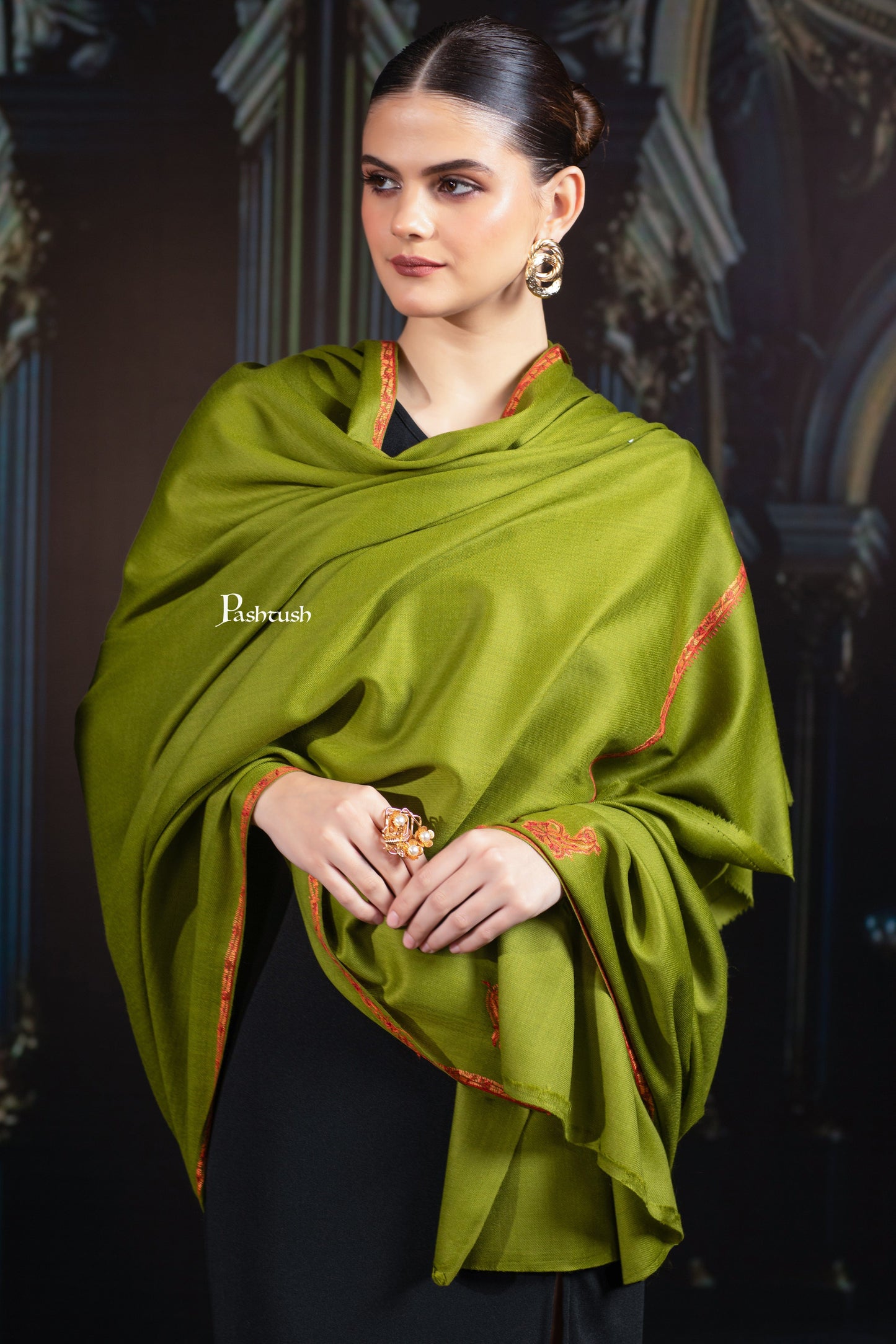 Pashtush India Womens Shawls Pashtush Womens Fine Wool Shawl, Hand Embroidered Kingri Design, Emerald Green