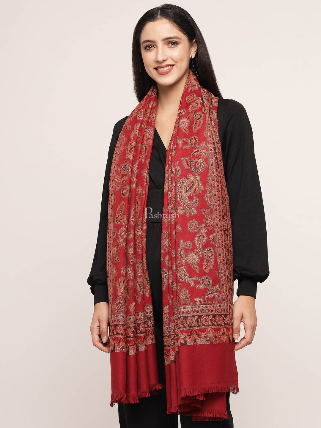Pashtush India Womens Shawls Pashtush womens Fine Wool shawl, hand embroidery design, Maroon