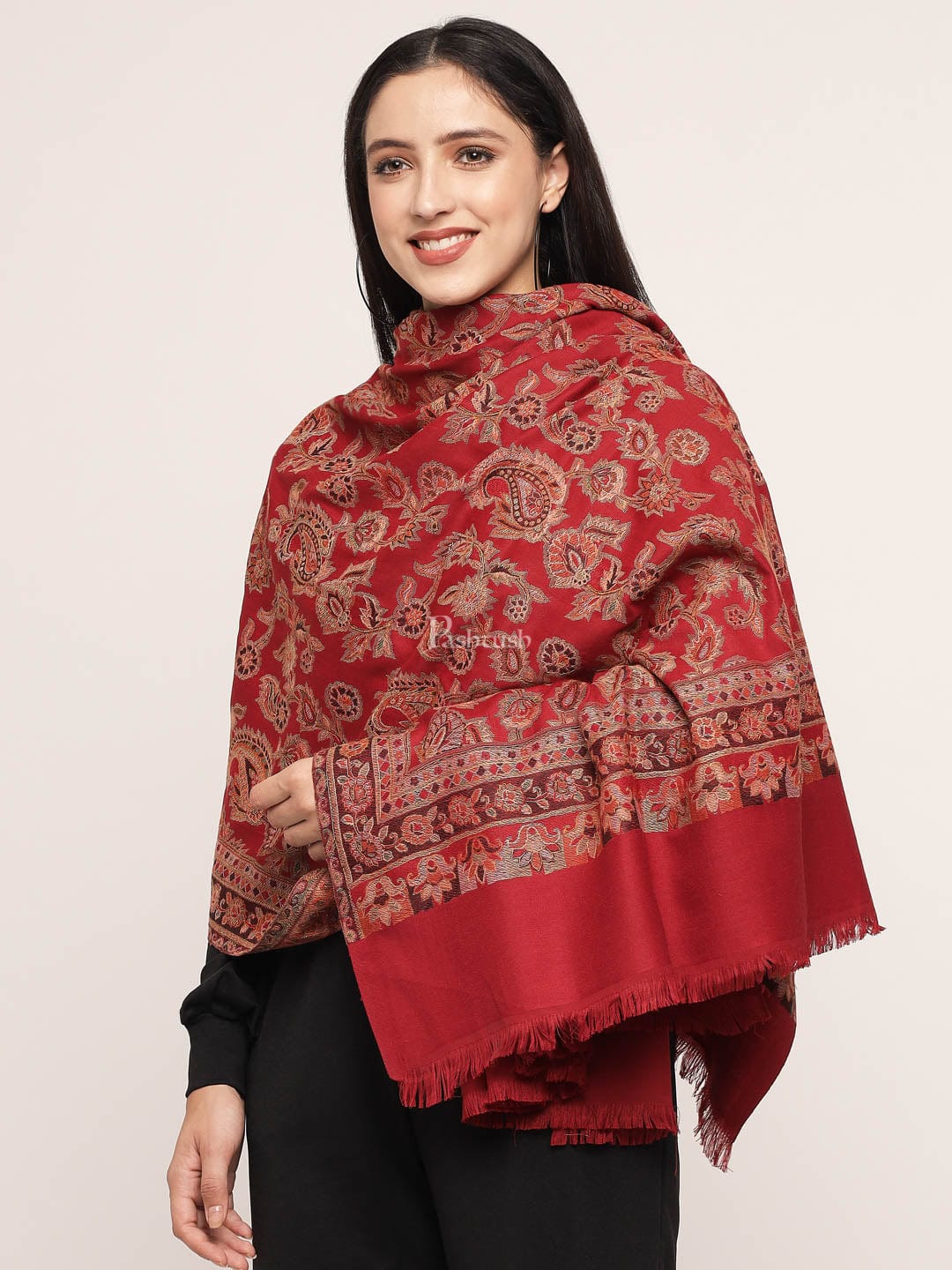 Pashtush India Womens Shawls Pashtush womens Fine Wool shawl, hand embroidery design, Maroon