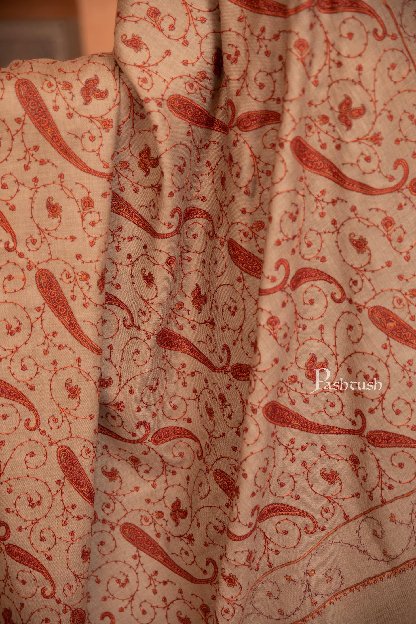 Pashtush India Womens Shawls Pashtush Womens Fine Wool Shawl, Heavy Jaal Embroidery Design, Beige
