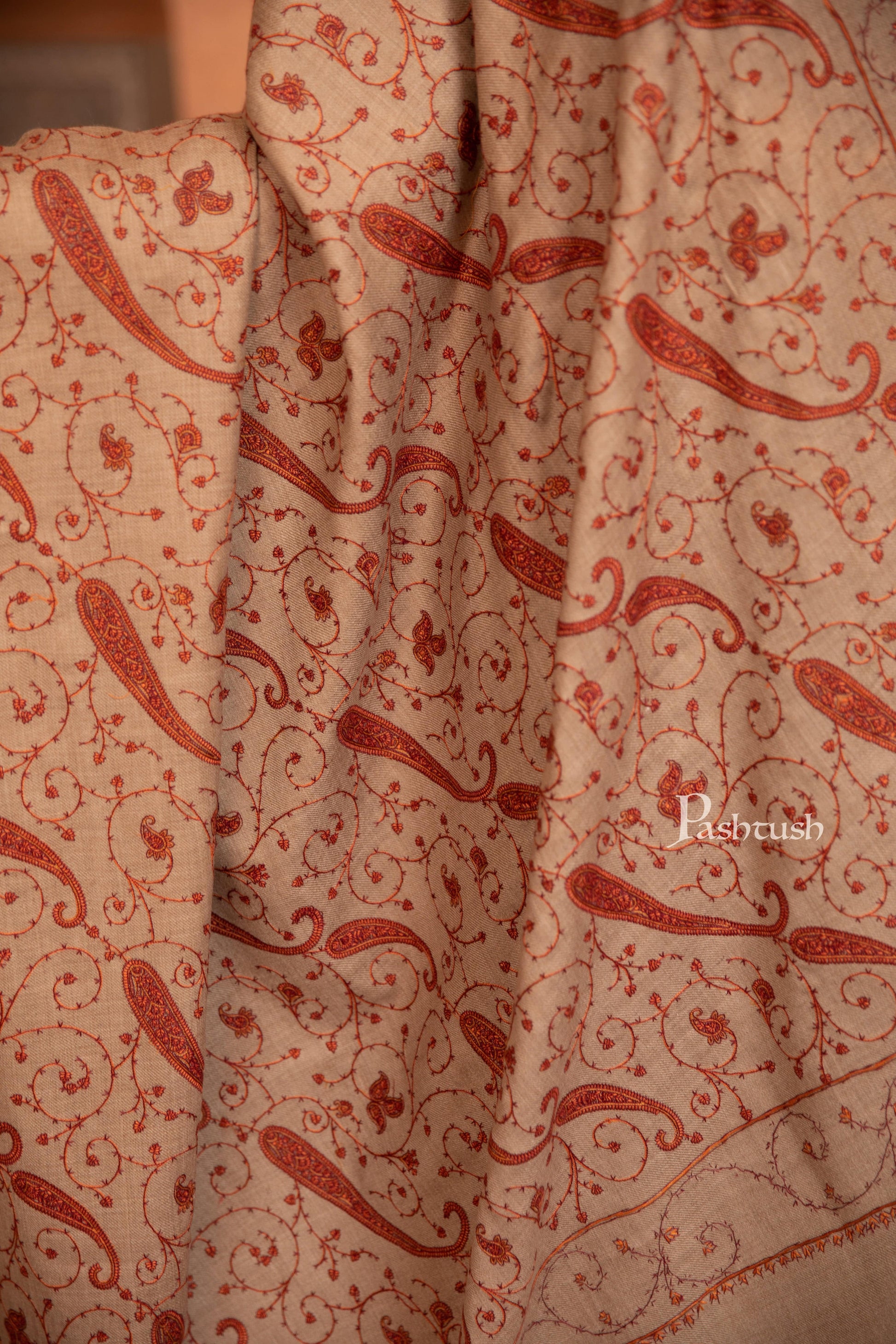 Pashtush India Womens Shawls Pashtush Womens Fine Wool Shawl, Heavy Jaal Embroidery Design, Beige