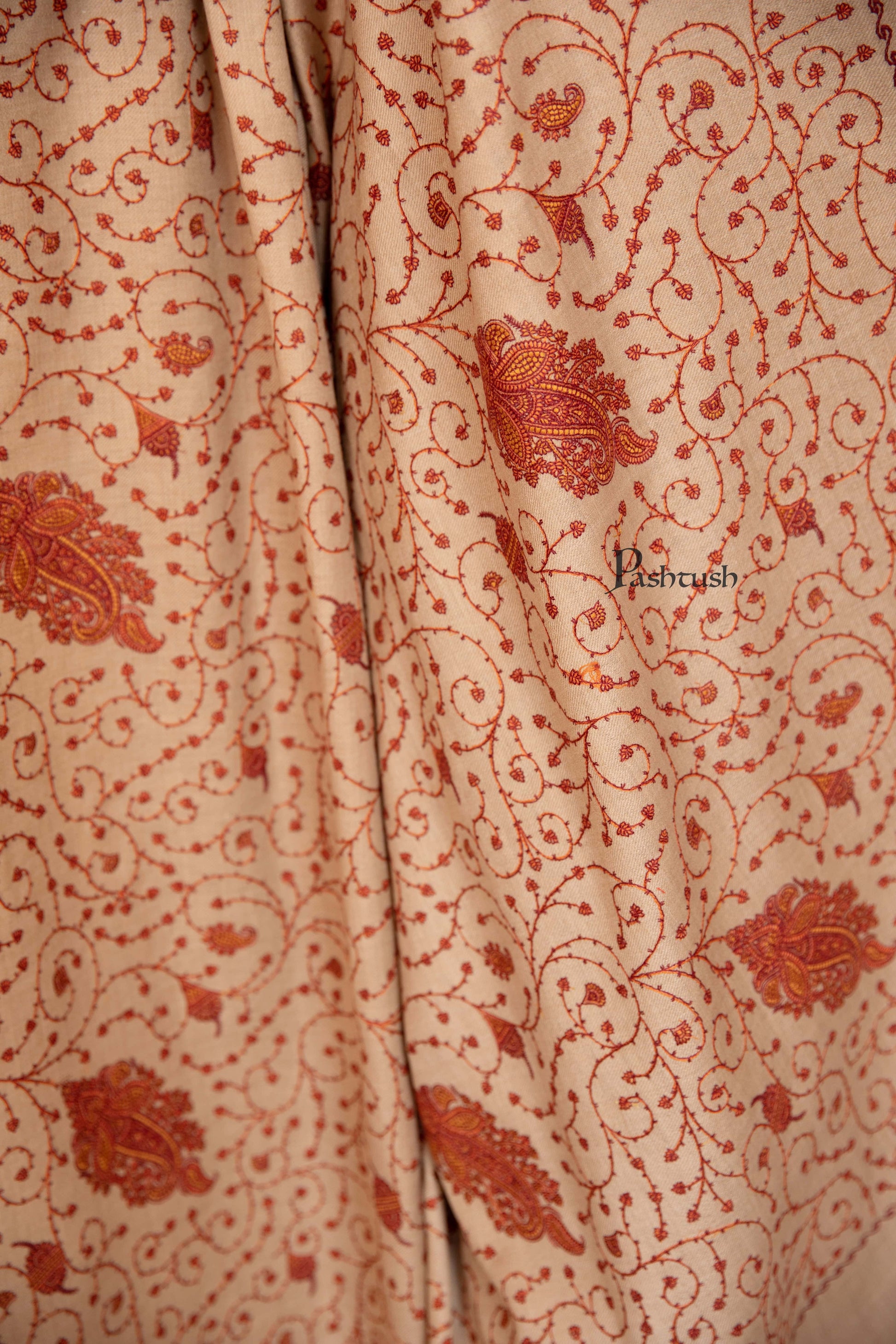 Pashtush India Womens Shawls Pashtush Womens Fine Wool Shawl, Heavy Jaal Embroidery Design, Beige