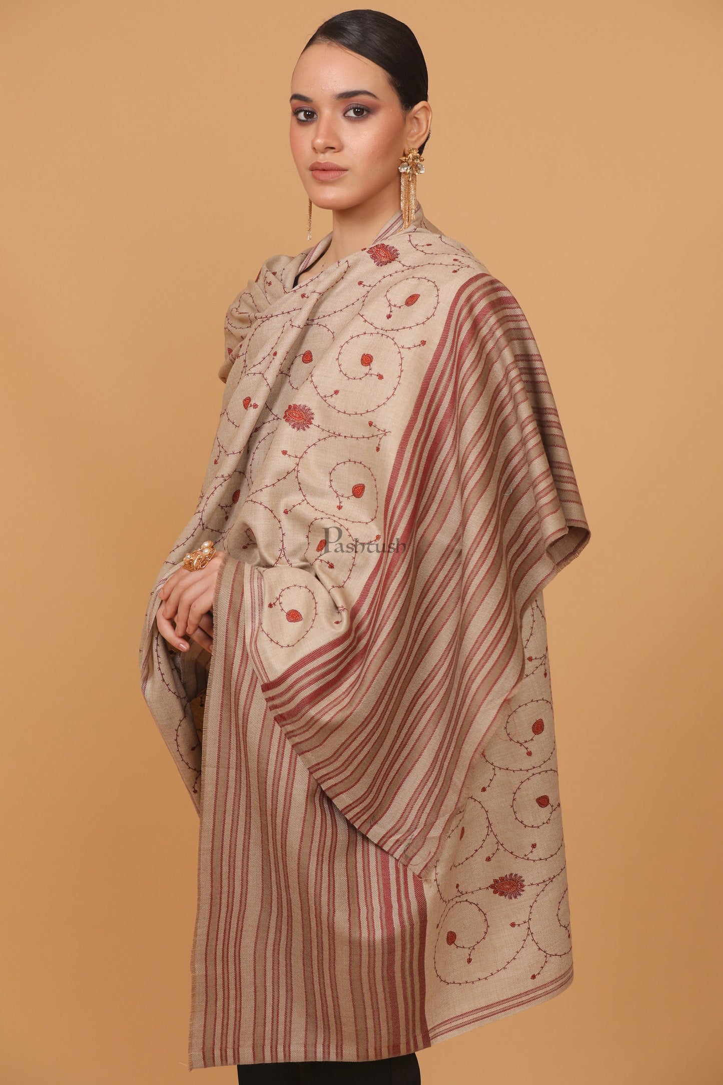 Pashtush India Womens Stoles and Scarves Scarf Pashtush womens Fine Wool shawl, jaal embroidery design, Beige