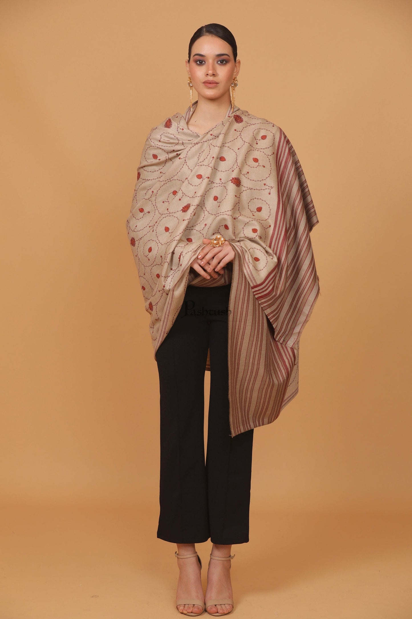 Pashtush India Womens Stoles and Scarves Scarf Pashtush womens Fine Wool shawl, jaal embroidery design, Beige
