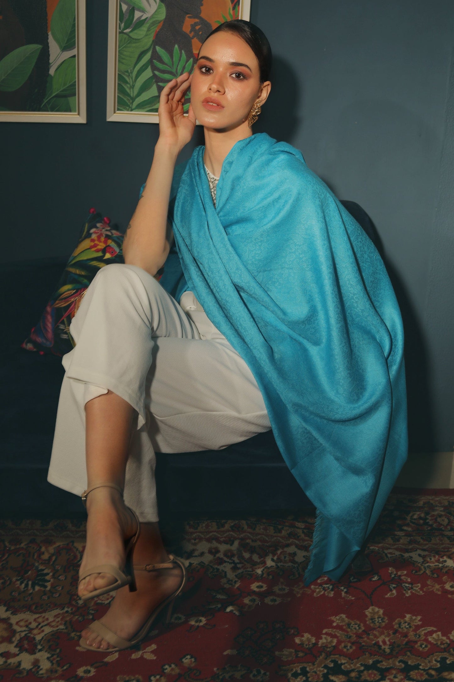 Pashtush India Womens Stoles and Scarves Scarf Pashtush womens Fine Wool shawl, JACQUARD design, Arabic Sea Blue