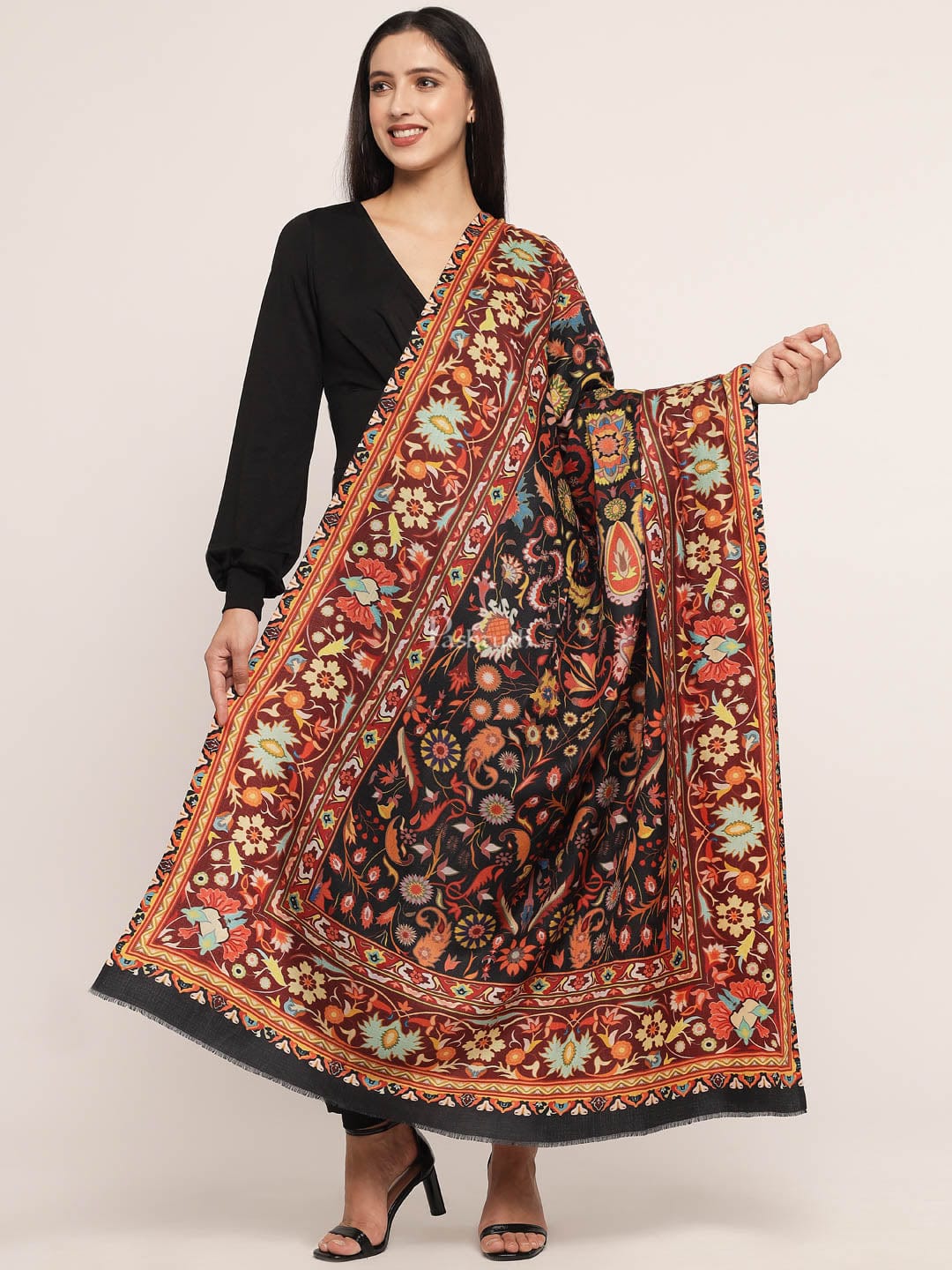 Pashtush India Womens Shawls Pashtush womens Fine Wool shawl, kalamkari printed design, Multicolour