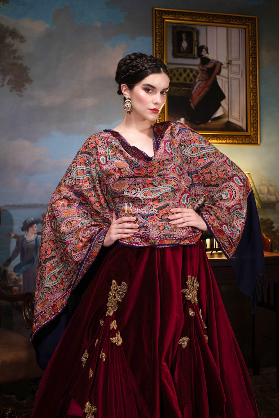 Pashtush India Womens Shawls Pashtush womens Fine Wool shawl, Kalamkari with outline embroidery design, Multicolour