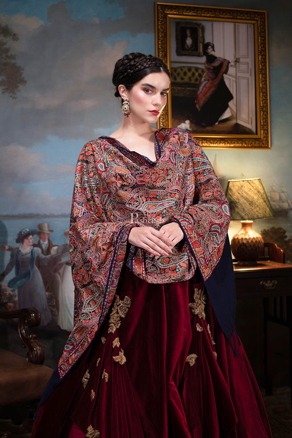 Pashtush India Womens Shawls Pashtush womens Fine Wool shawl, Kalamkari with outline embroidery design, Multicolour