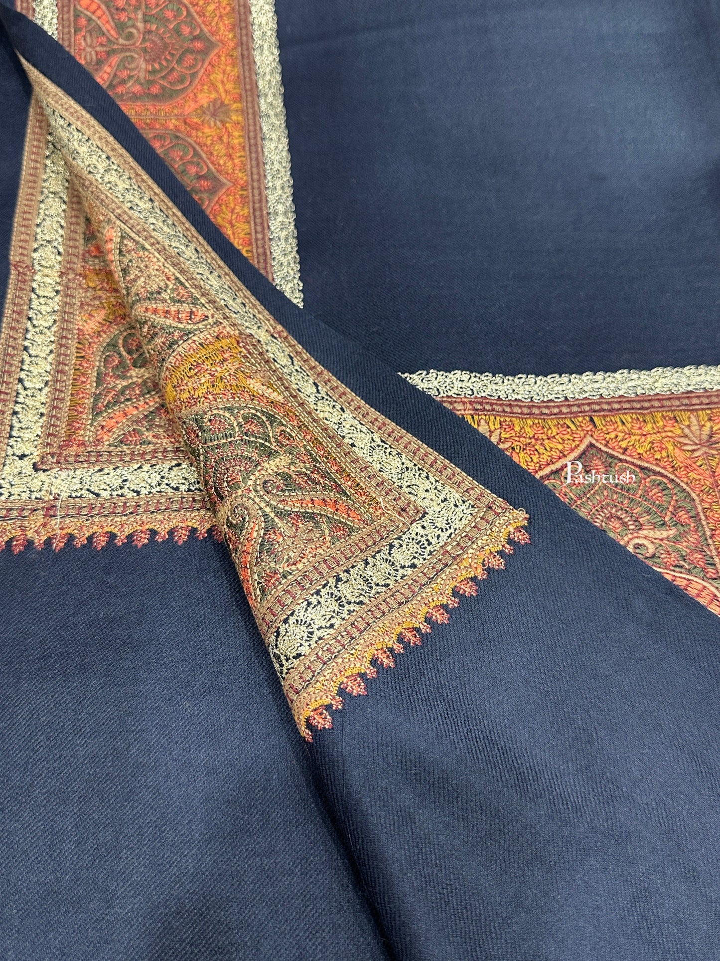 Pashtush India Womens Shawls Pashtush Womens Fine Wool Shawl, Kashmiri Border Embroidery With Tilla Design, Navy Blue