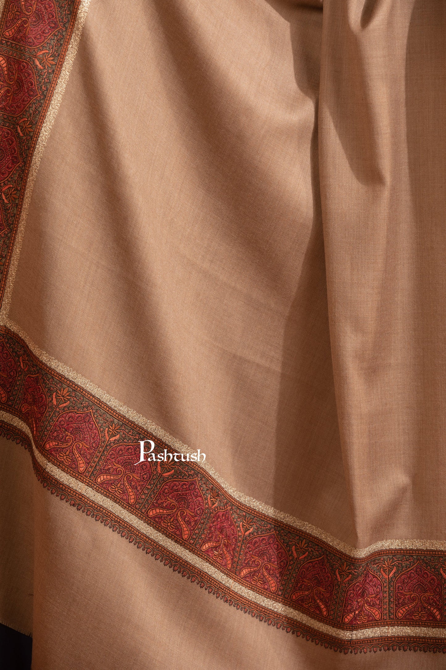 Pashtush India Womens Shawls Pashtush Womens Fine Wool Shawl, Kashmiri Border Embroidery With Tilla Design, Taupe