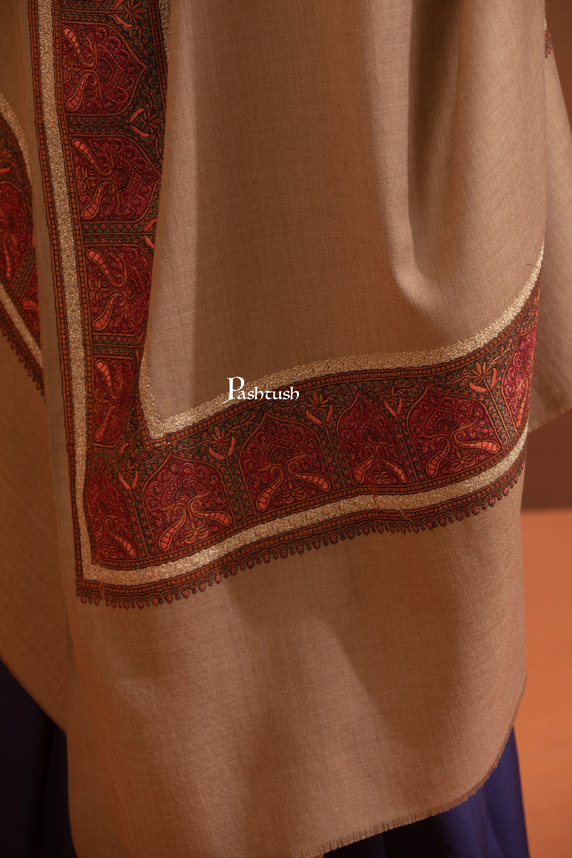 Pashtush India Womens Shawls Pashtush Womens Fine Wool Shawl, Kashmiri Border Embroidery With Tilla Design, Taupe