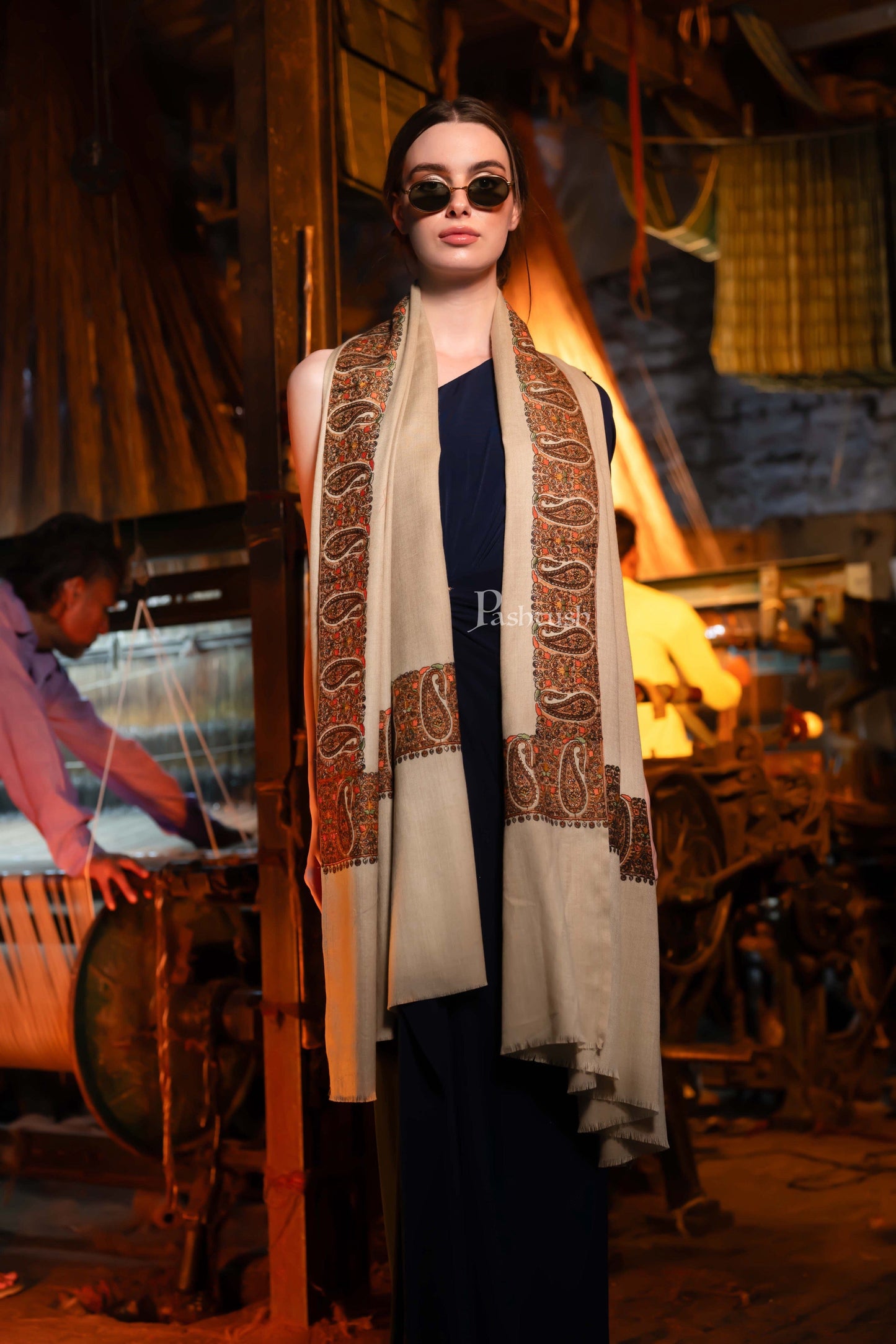 Pashtush India Womens Shawls Pashtush Womens Fine Wool Shawl, Kashmiri Embroidery, Ambi Daur With Metallic Border Design, Beige