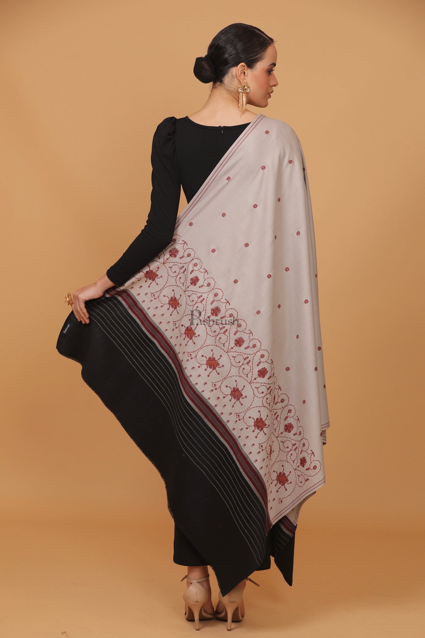 Pashtush India Womens Stoles and Scarves Scarf Pashtush womens Fine Wool shawl, kashmiri embroidery design, Dark Grey