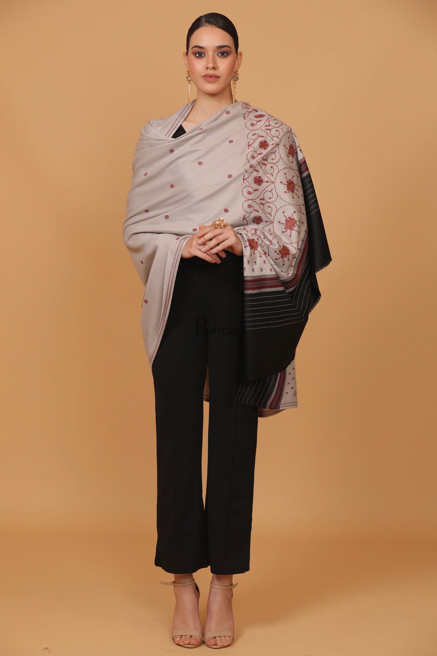 Pashtush India Womens Stoles and Scarves Scarf Pashtush womens Fine Wool shawl, kashmiri embroidery design, Dark Grey