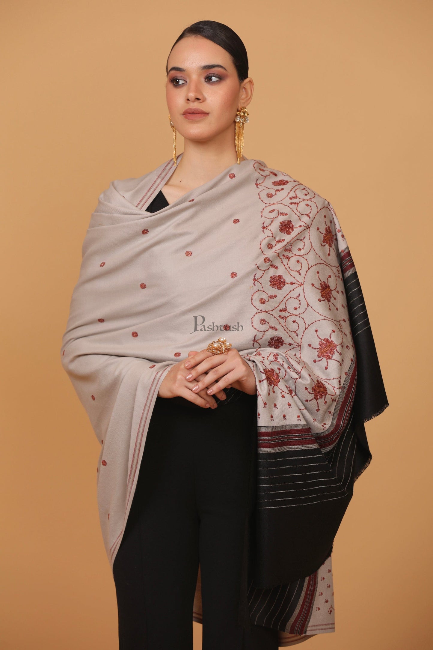 Pashtush India Womens Stoles and Scarves Scarf Pashtush womens Fine Wool shawl, kashmiri embroidery design, Dark Grey