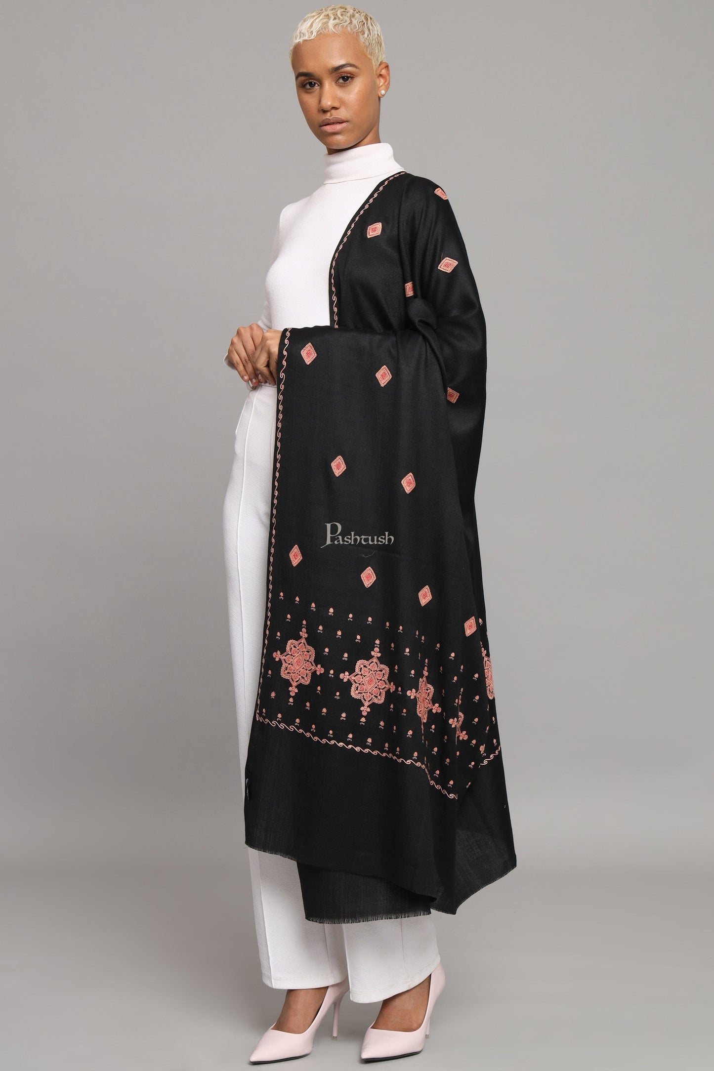 Pashtush India Womens Shawls Pashtush Womens Fine Wool Shawl, Kashmiri Embroidery Palla Design, Black