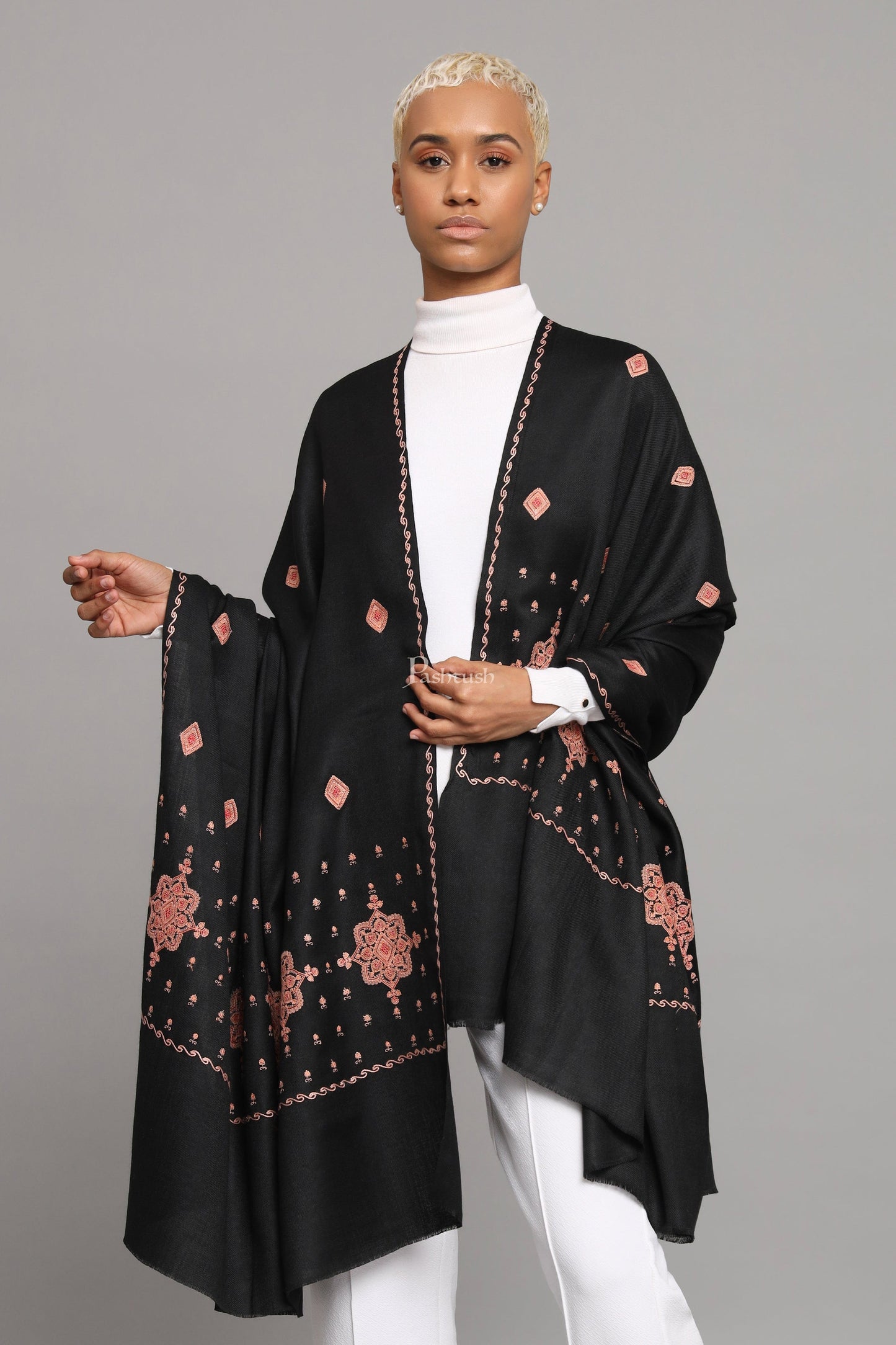 Pashtush India Womens Shawls Pashtush Womens Fine Wool Shawl, Kashmiri Embroidery Palla Design, Black