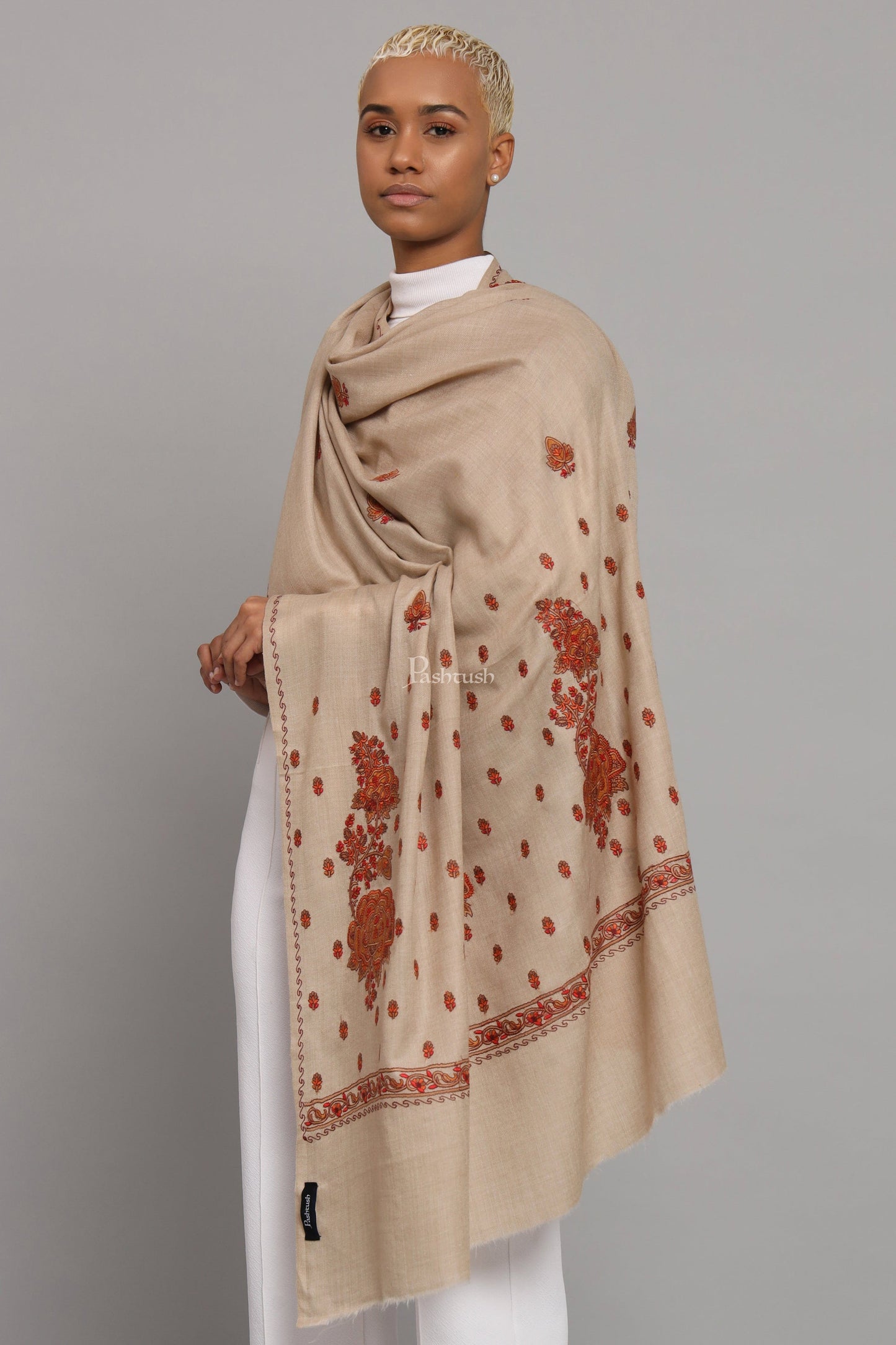 Pashtush India Womens Shawls Pashtush Womens Fine Wool Shawl, Kashmiri Embroidery Palla Design, Taupe