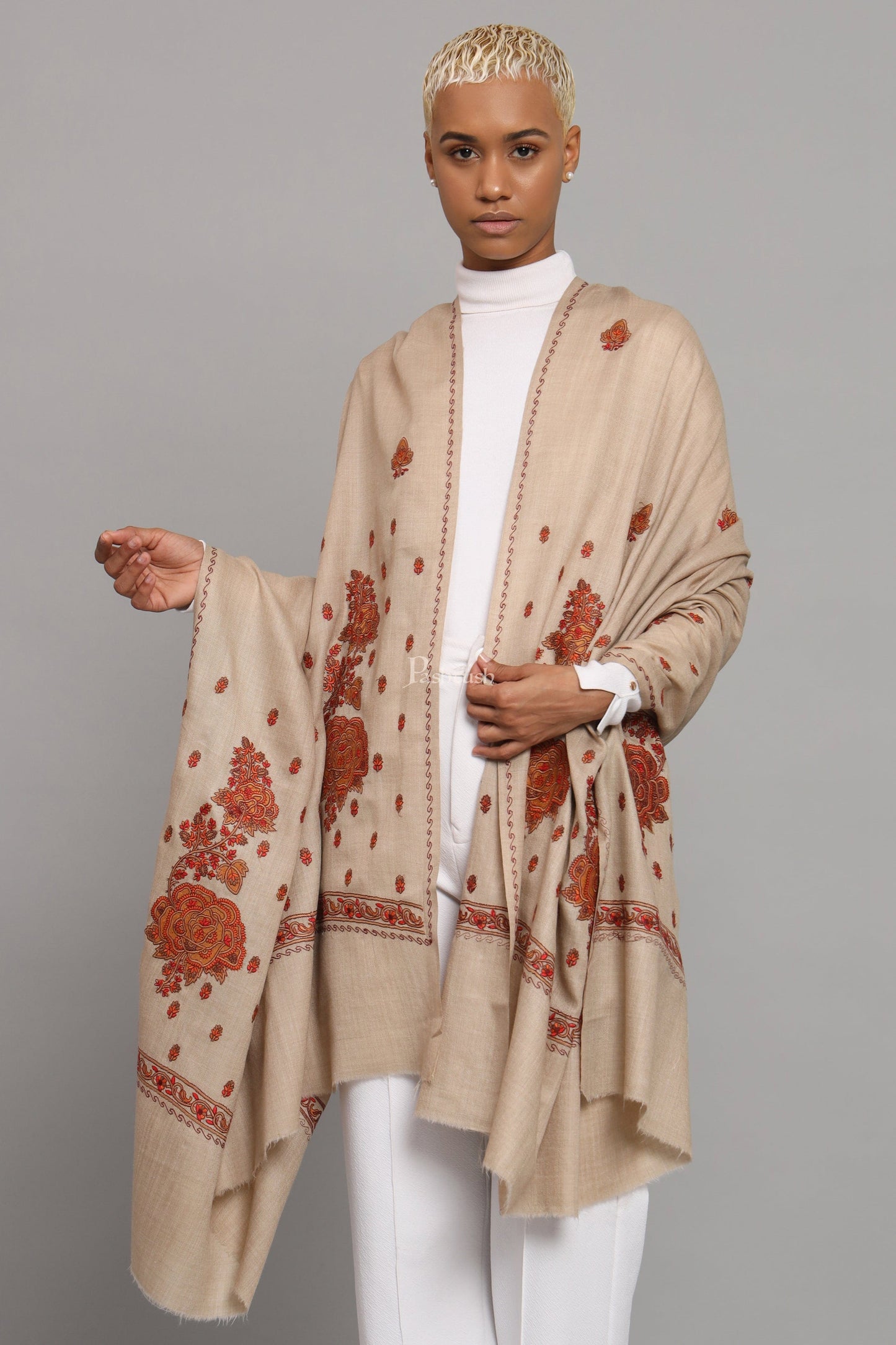 Pashtush India Womens Shawls Pashtush Womens Fine Wool Shawl, Kashmiri Embroidery Palla Design, Taupe