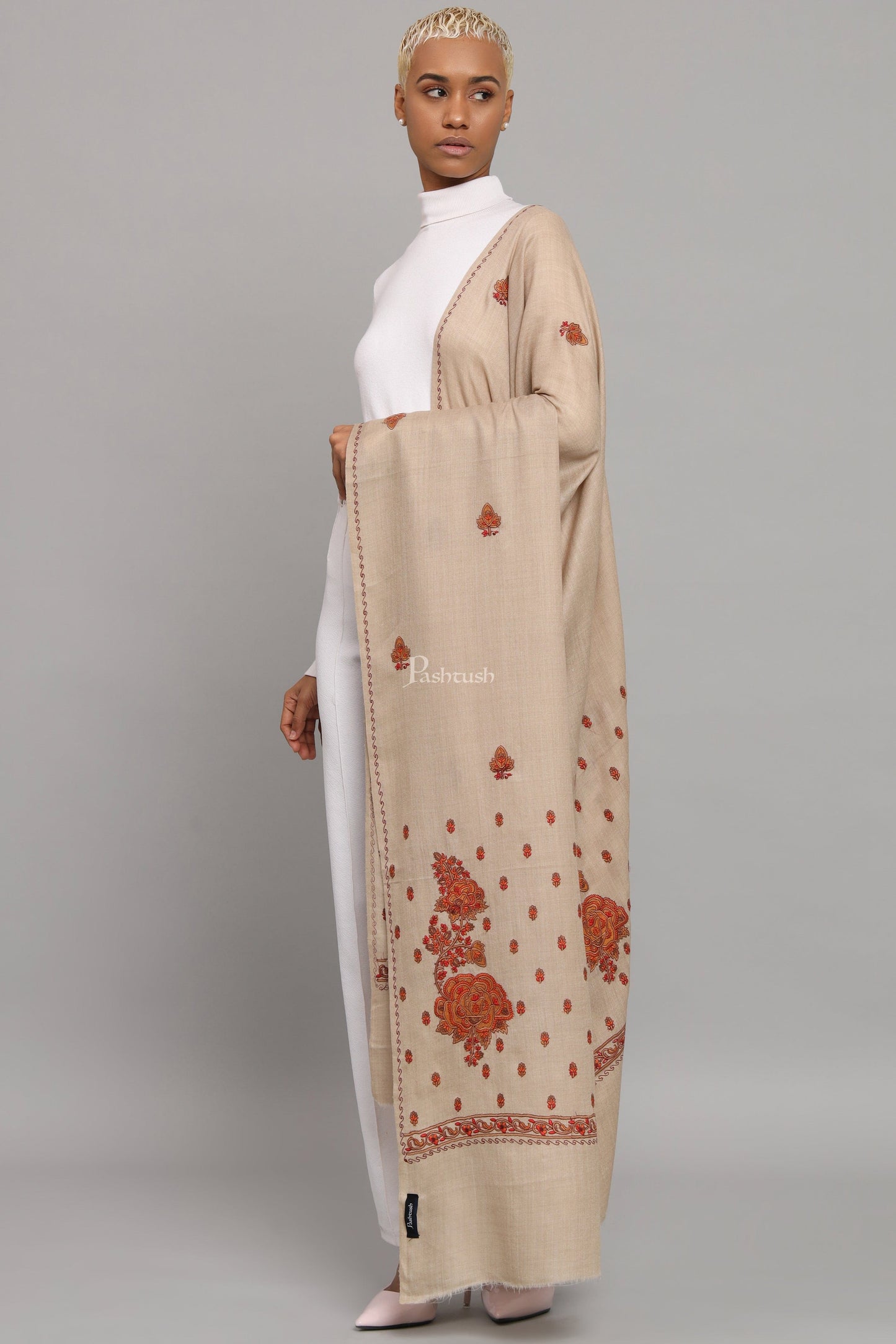 Pashtush India Womens Shawls Pashtush Womens Fine Wool Shawl, Kashmiri Embroidery Palla Design, Taupe