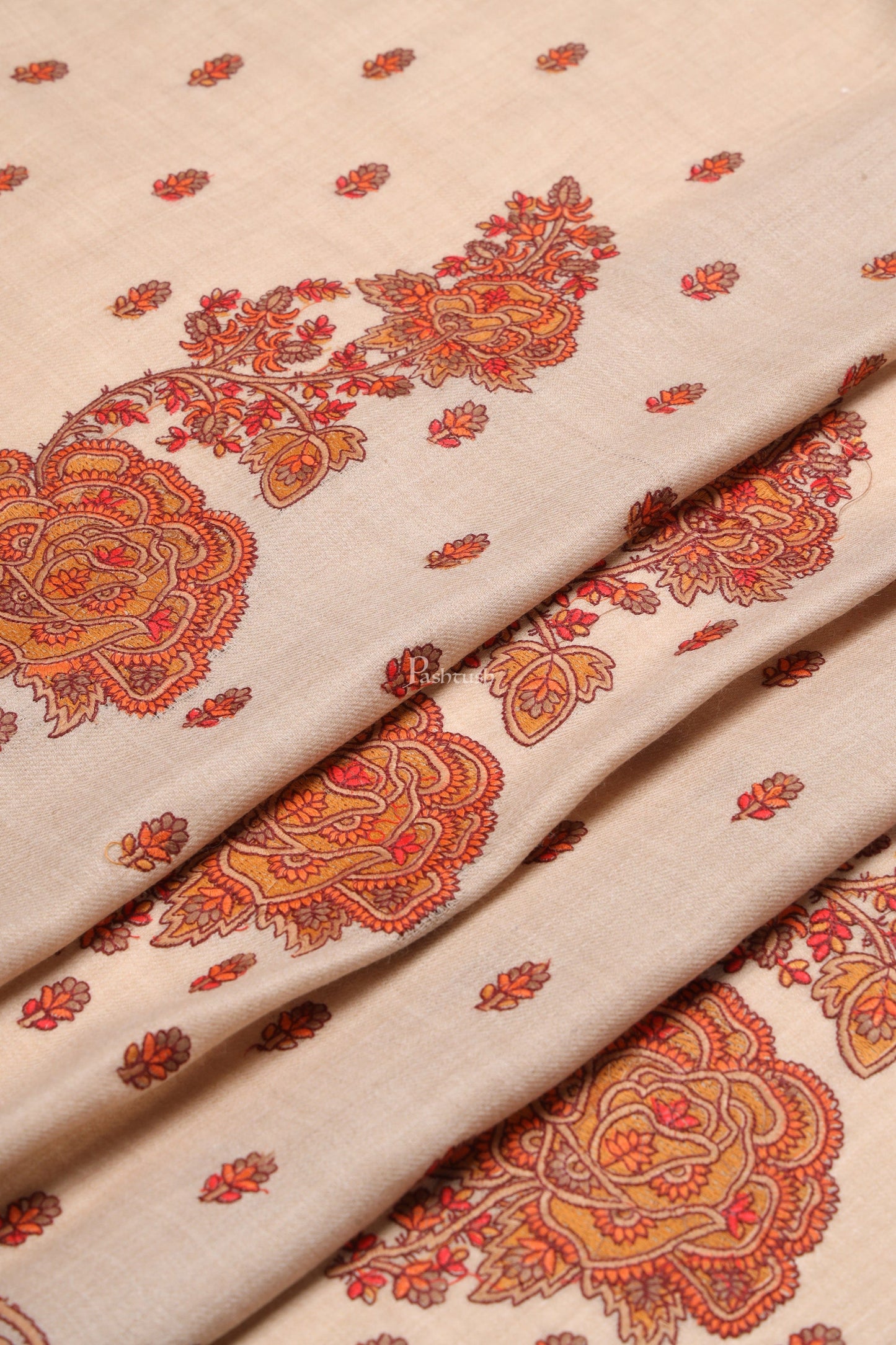 Pashtush India Womens Shawls Pashtush Womens Fine Wool Shawl, Kashmiri Embroidery Palla Design, Taupe