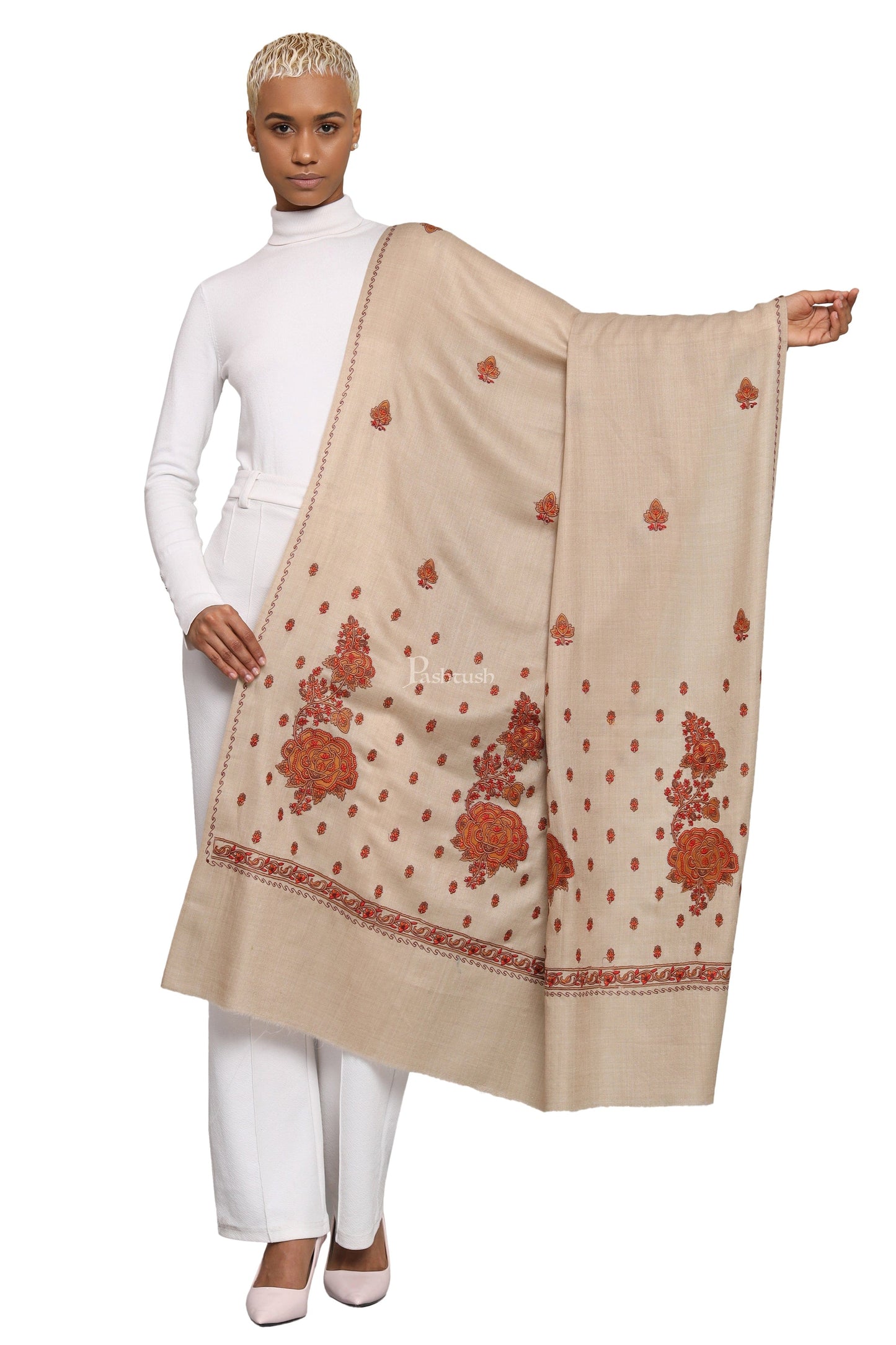 Pashtush India Womens Shawls Pashtush Womens Fine Wool Shawl, Kashmiri Embroidery Palla Design, Taupe