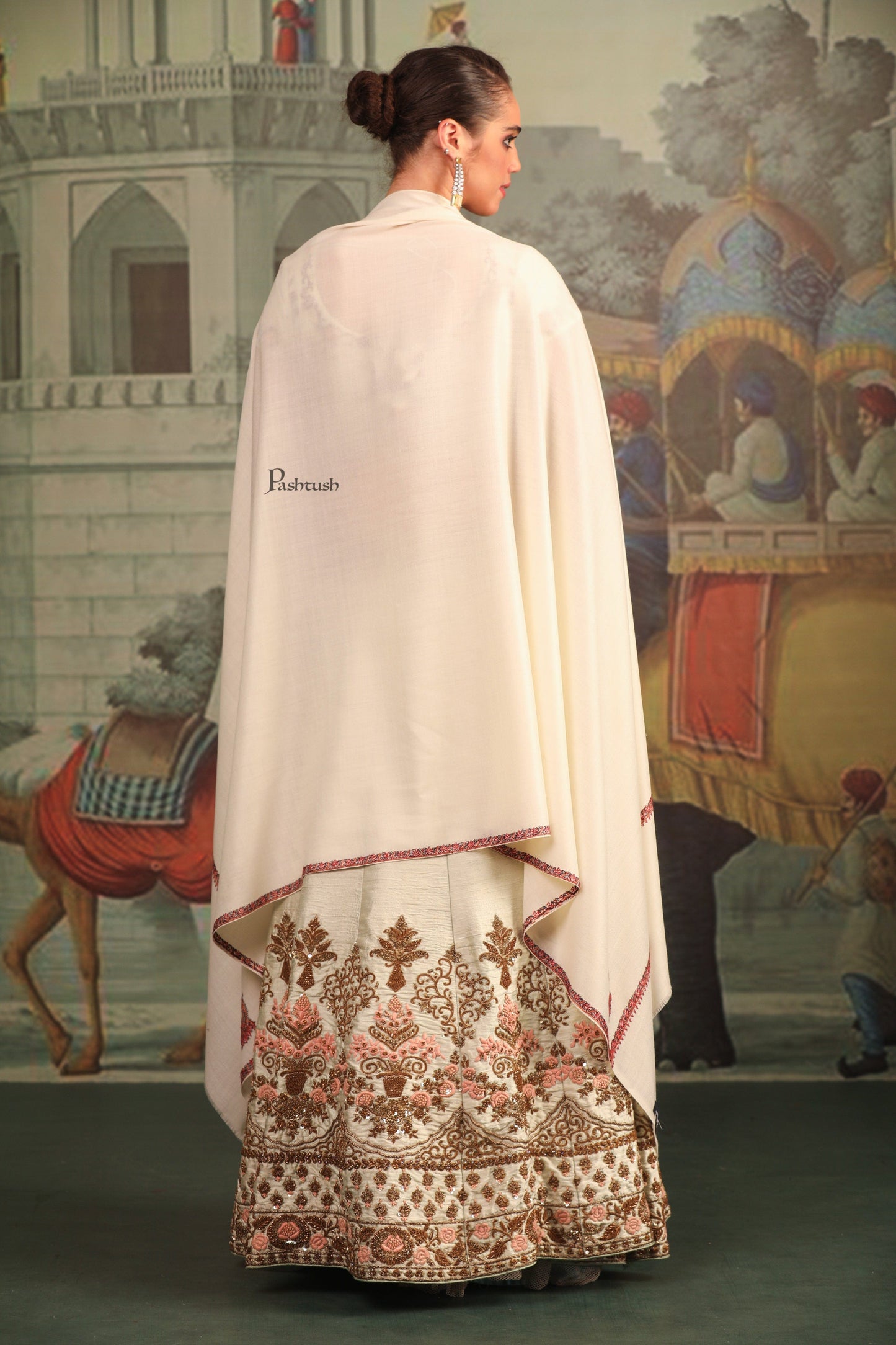 Pashtush India Womens Shawls Pashtush Womens Fine Wool Shawl, Kashmiri Hand Embroidered Kingri Design, Ivory