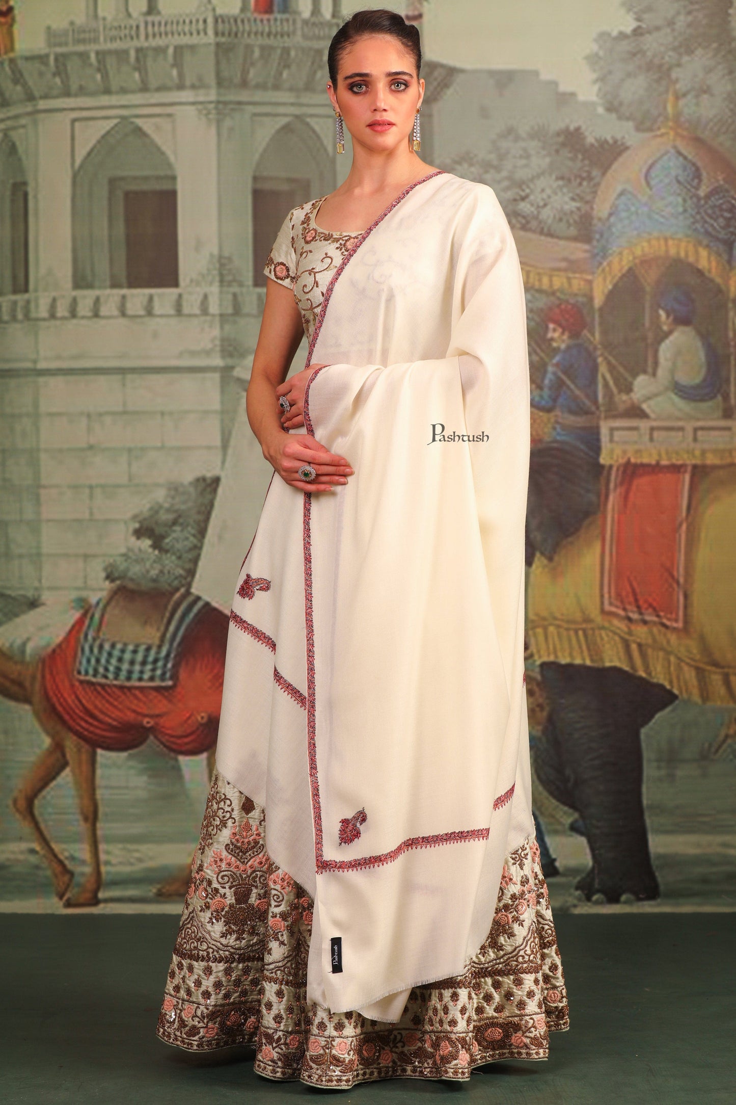 Pashtush India Womens Shawls Pashtush Womens Fine Wool Shawl, Kashmiri Hand Embroidered Kingri Design, Ivory