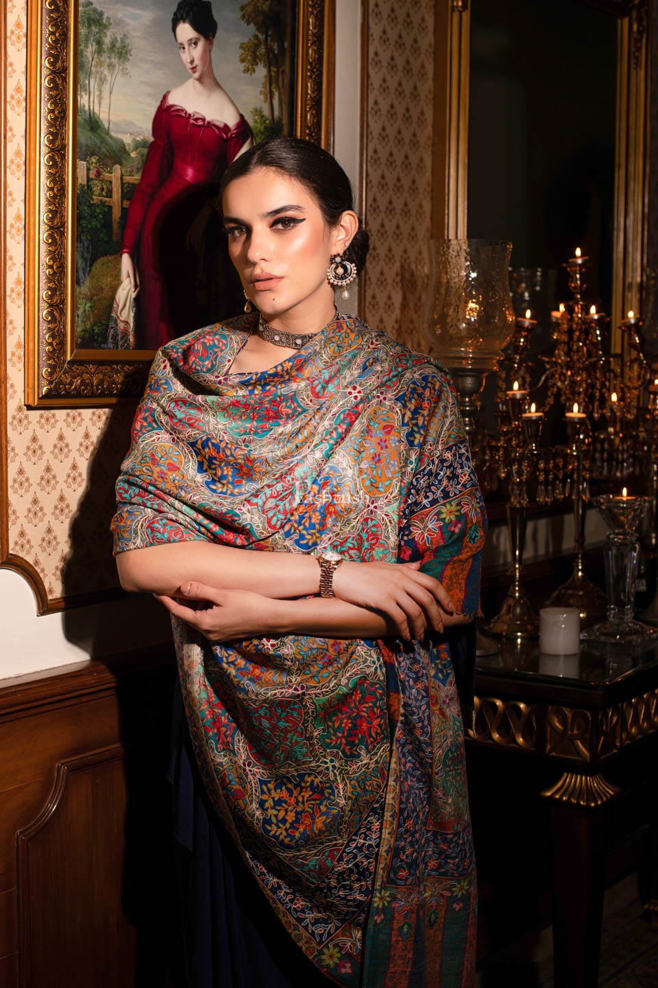 Pashtush India Womens Shawls Pashtush womens Fine Wool shawl, nalki embroidery design, Multicolour