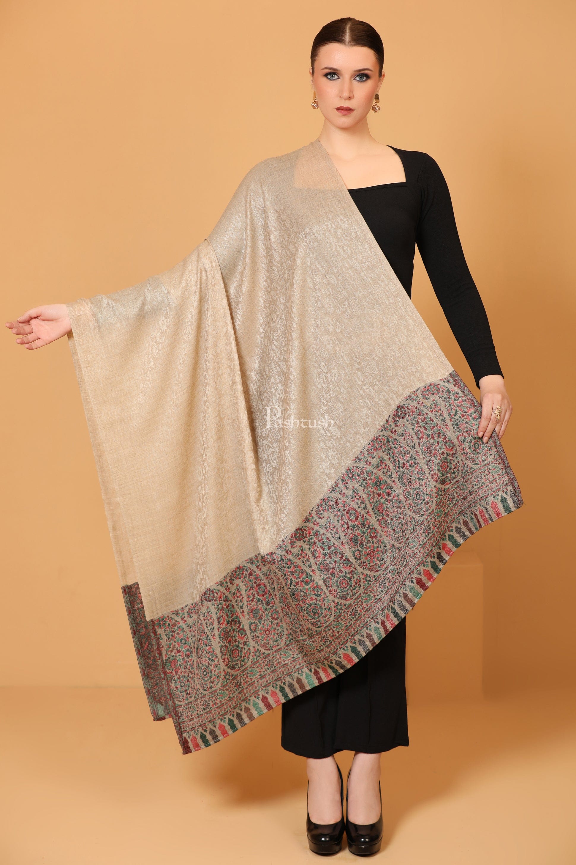 Pashtush India Womens Shawls Pashtush Womens Fine Wool Shawl, Paisley Palla, Woven Design, Natural Beige
