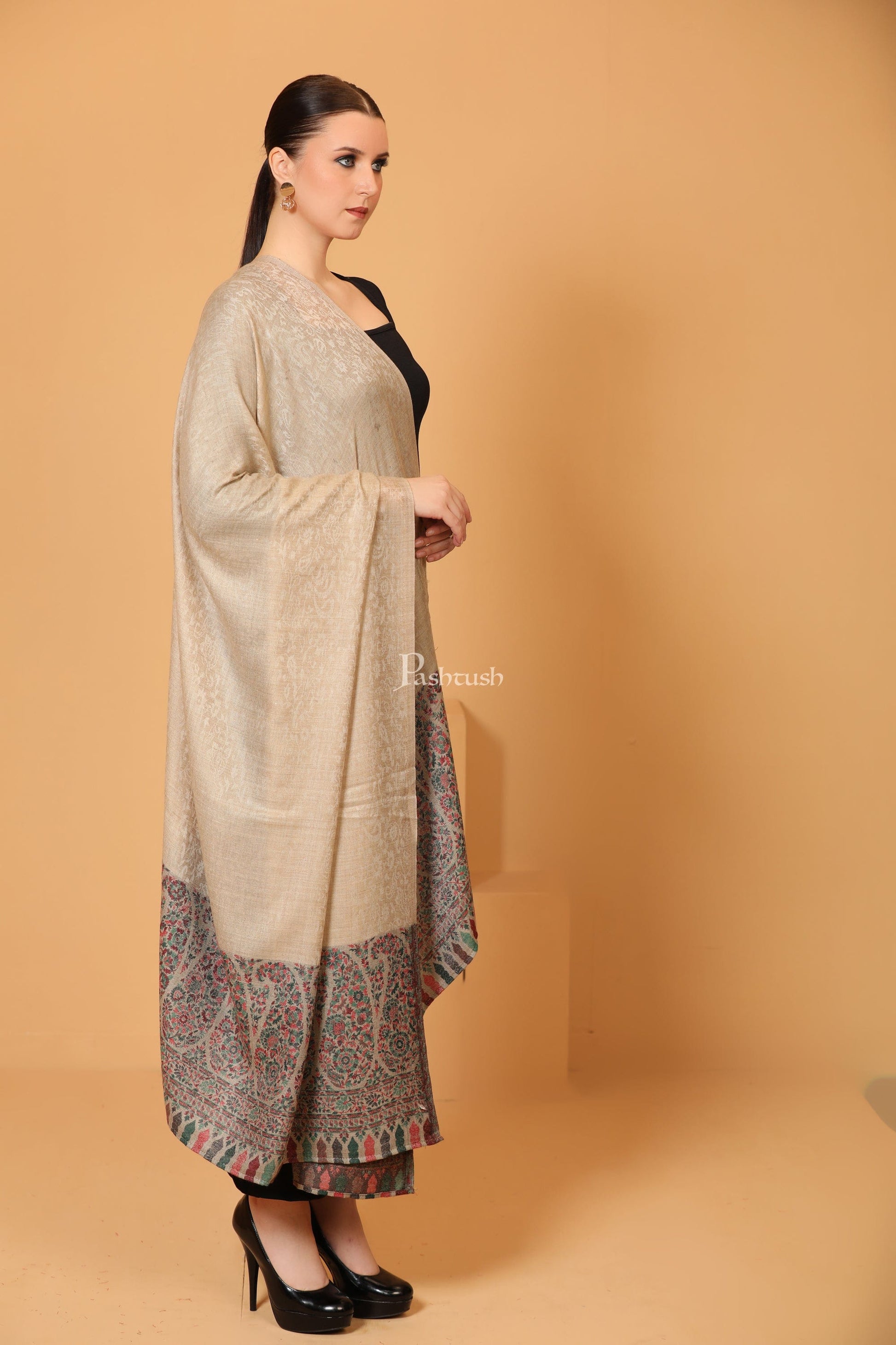 Pashtush India Womens Shawls Pashtush Womens Fine Wool Shawl, Paisley Palla, Woven Design, Natural Beige