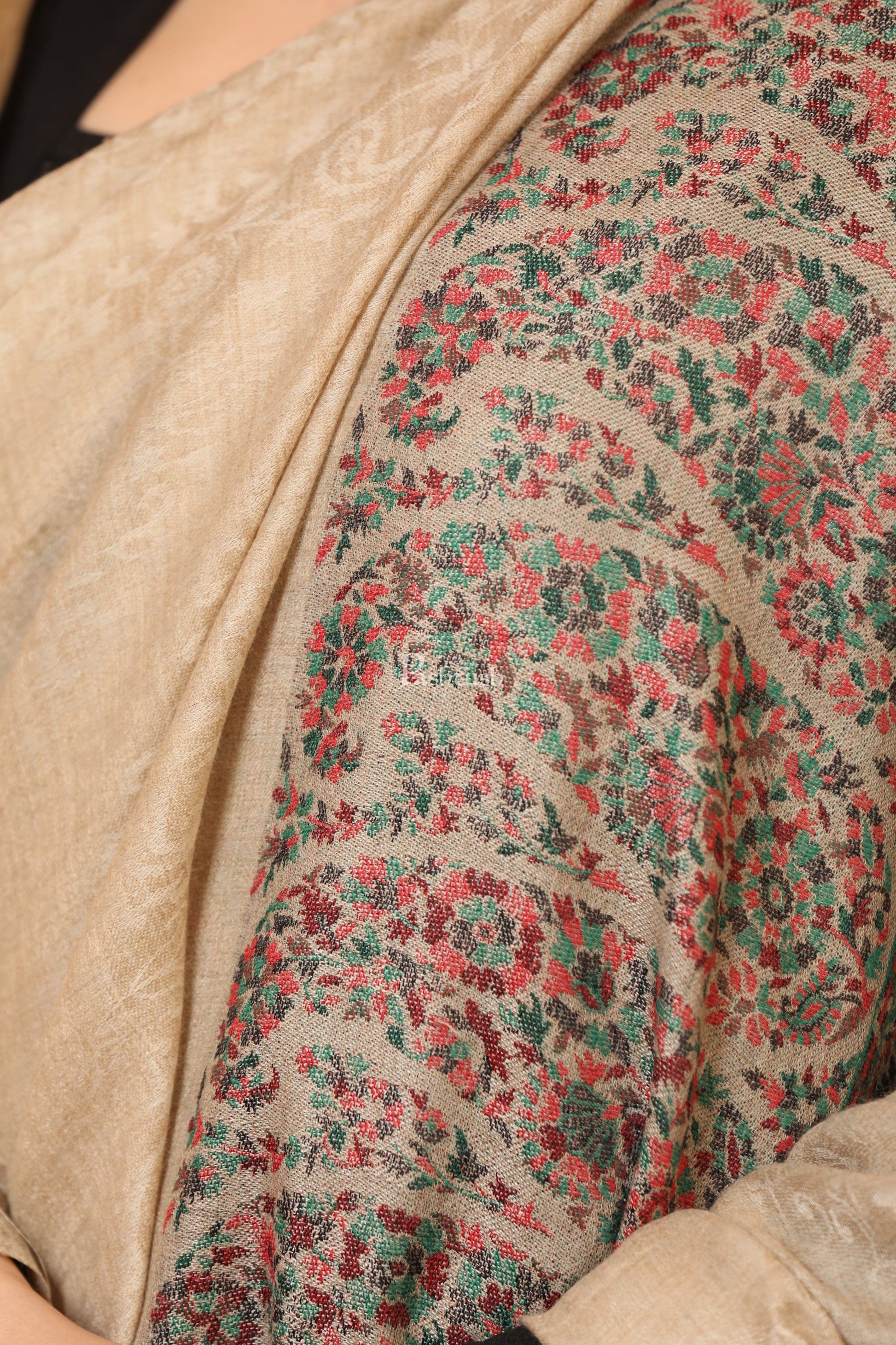 Pashtush India Womens Shawls Pashtush Womens Fine Wool Shawl, Paisley Palla, Woven Design, Natural Beige