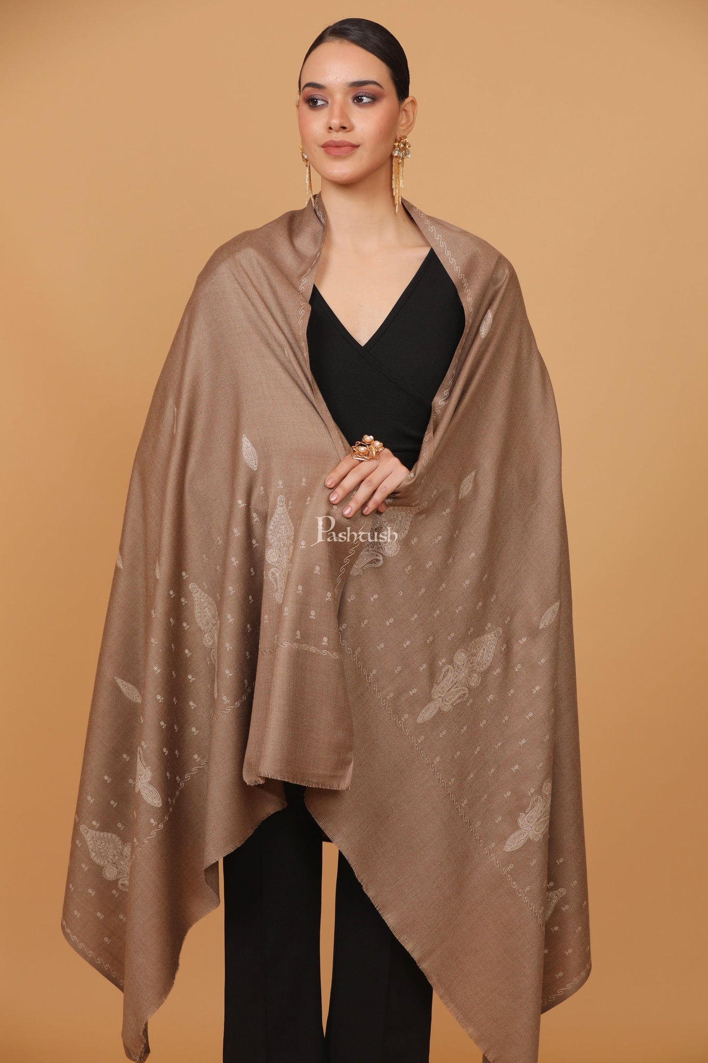 Pashtush India Womens Stoles and Scarves Scarf Pashtush womens Fine Wool shawl, palla embroidery paisley design, Taupe