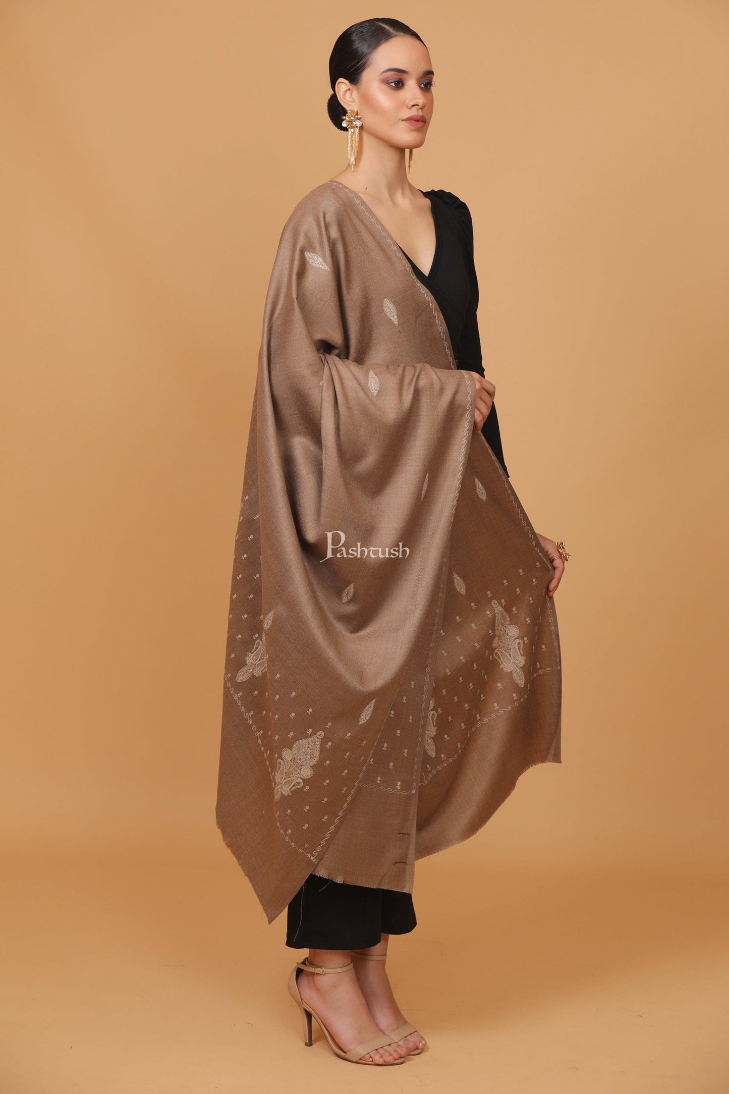 Pashtush India Womens Stoles and Scarves Scarf Pashtush womens Fine Wool shawl, palla embroidery paisley design, Taupe