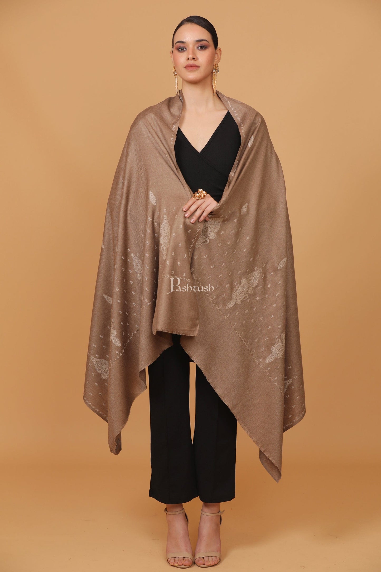 Pashtush India Womens Stoles and Scarves Scarf Pashtush womens Fine Wool shawl, palla embroidery paisley design, Taupe
