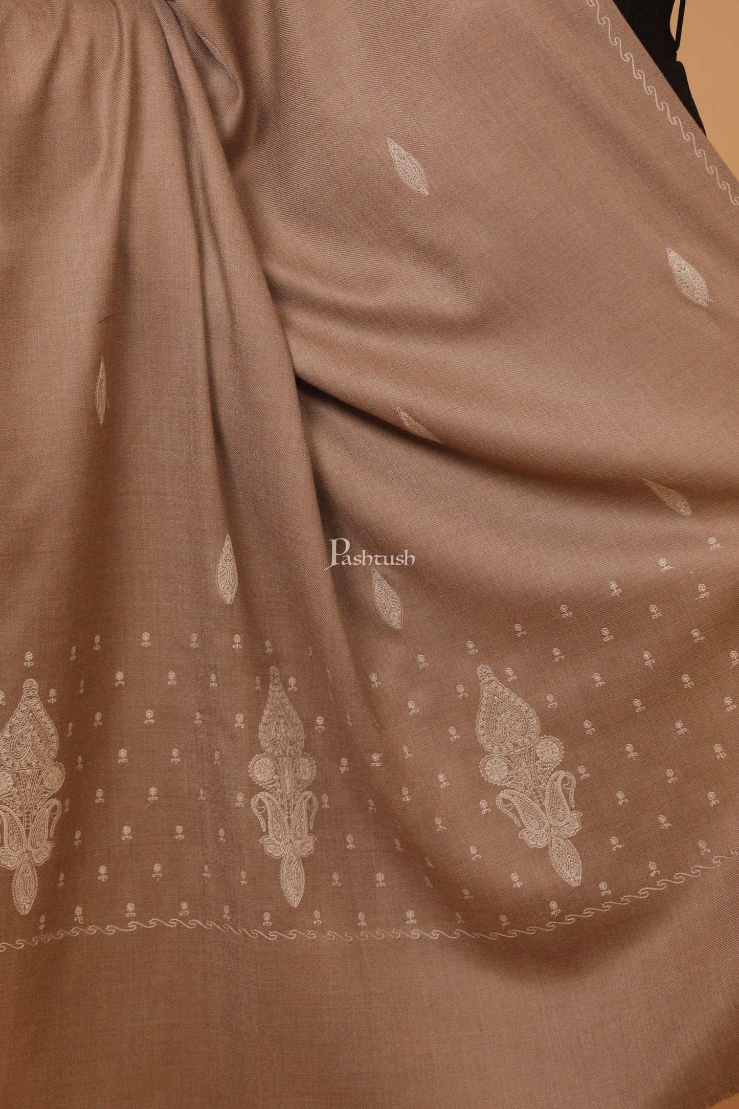 Pashtush India Womens Stoles and Scarves Scarf Pashtush womens Fine Wool shawl, palla embroidery paisley design, Taupe