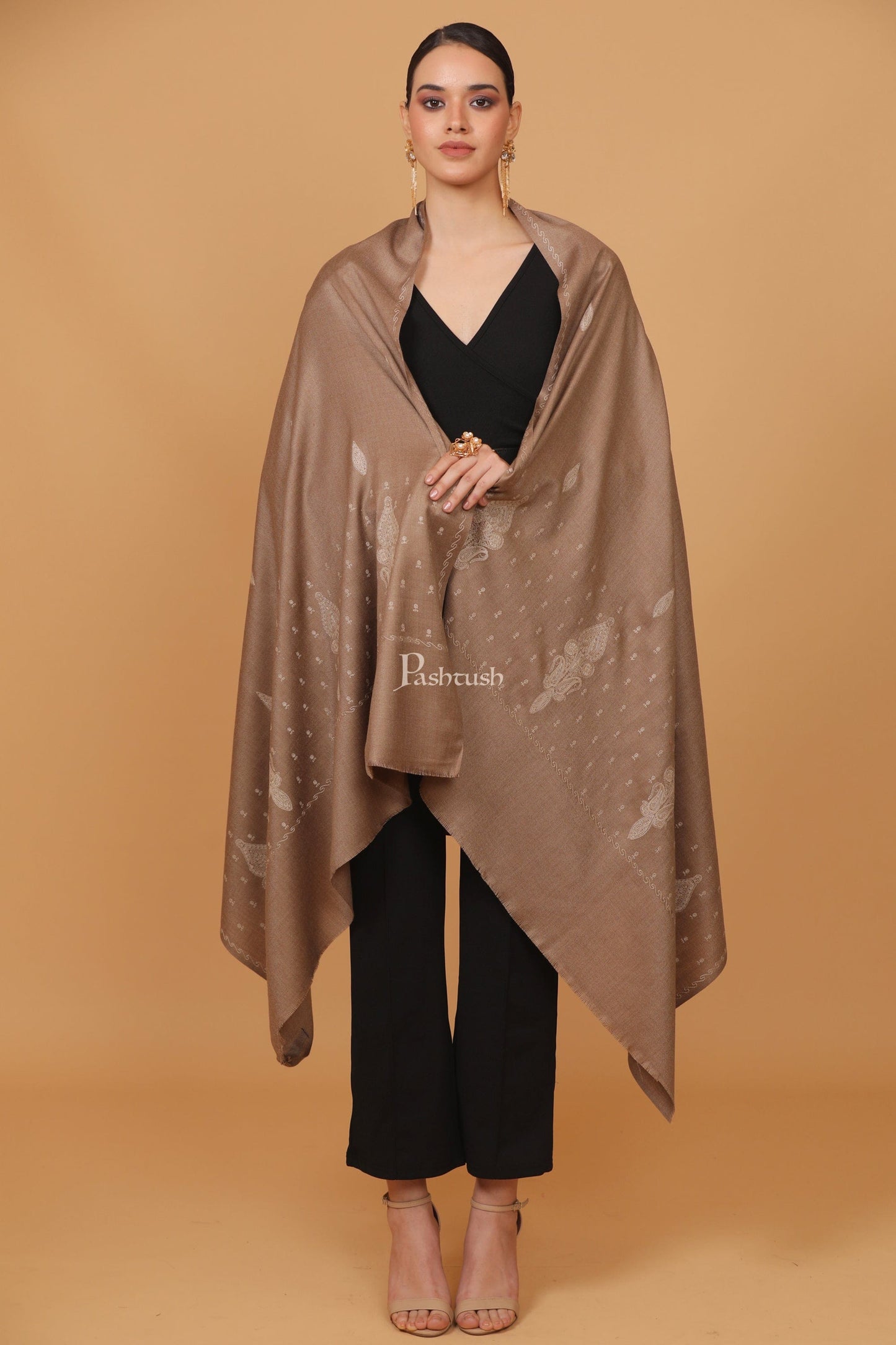Pashtush India Womens Stoles and Scarves Scarf Pashtush womens Fine Wool shawl, palla embroidery paisley design, Taupe