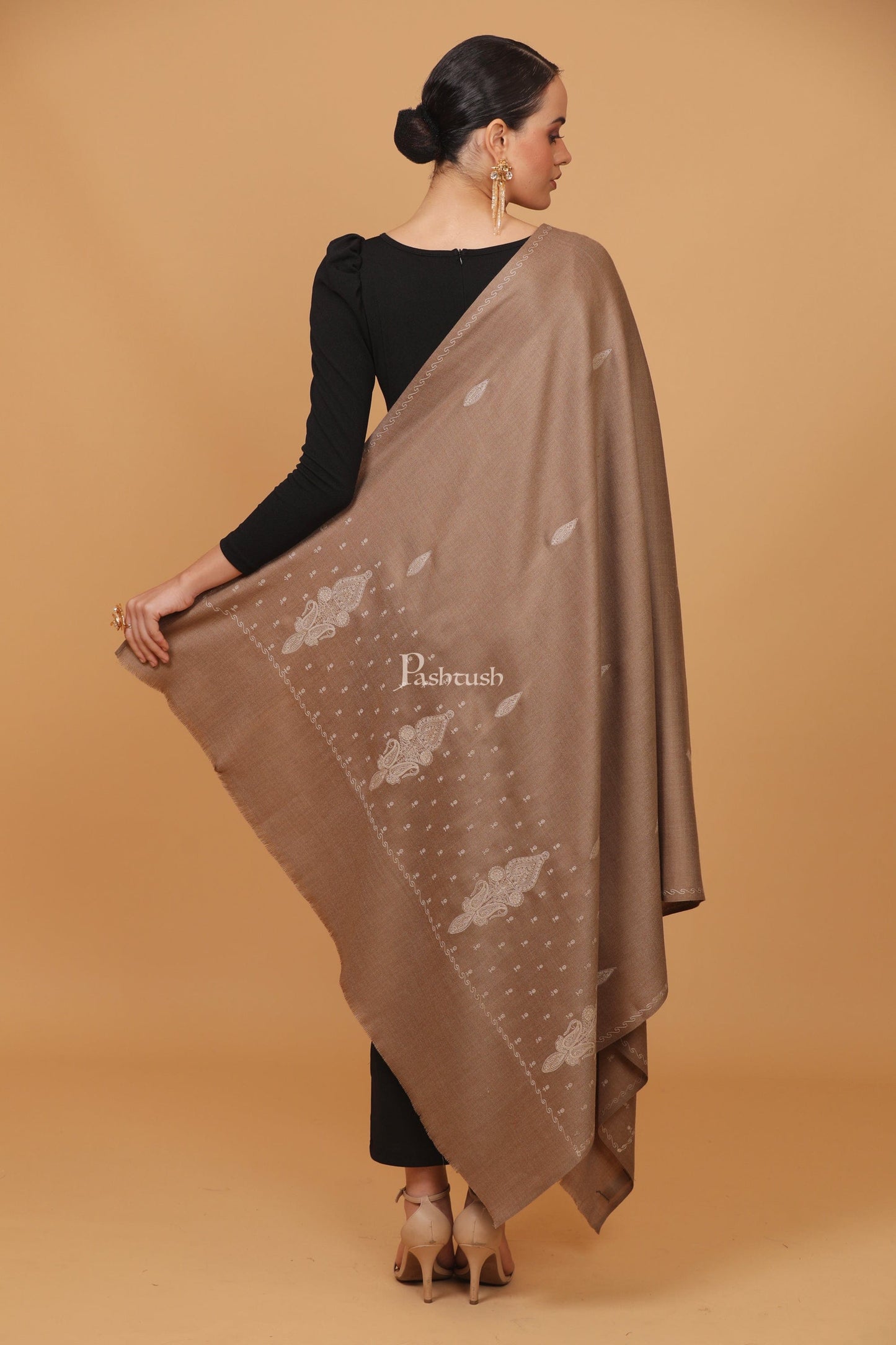 Pashtush India Womens Stoles and Scarves Scarf Pashtush womens Fine Wool shawl, palla embroidery paisley design, Taupe