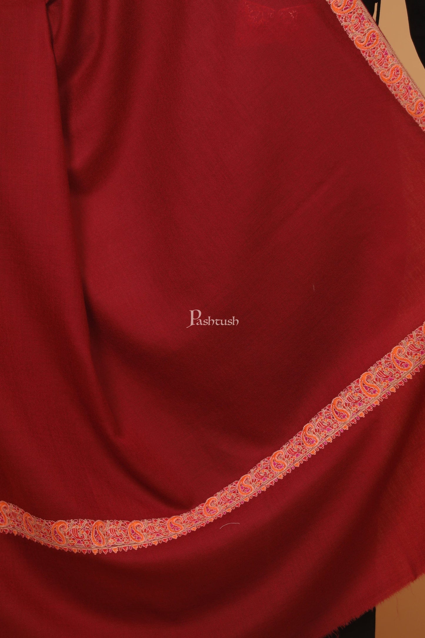 Pashtush India Womens Stoles and Scarves Scarf Pashtush womens Fine Wool shawl, papier mache border design, Maroon