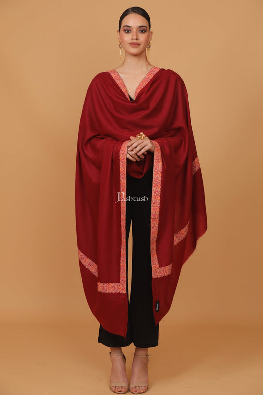 Pashtush India Womens Stoles and Scarves Scarf Pashtush womens Fine Wool shawl, papier mache border design, Maroon