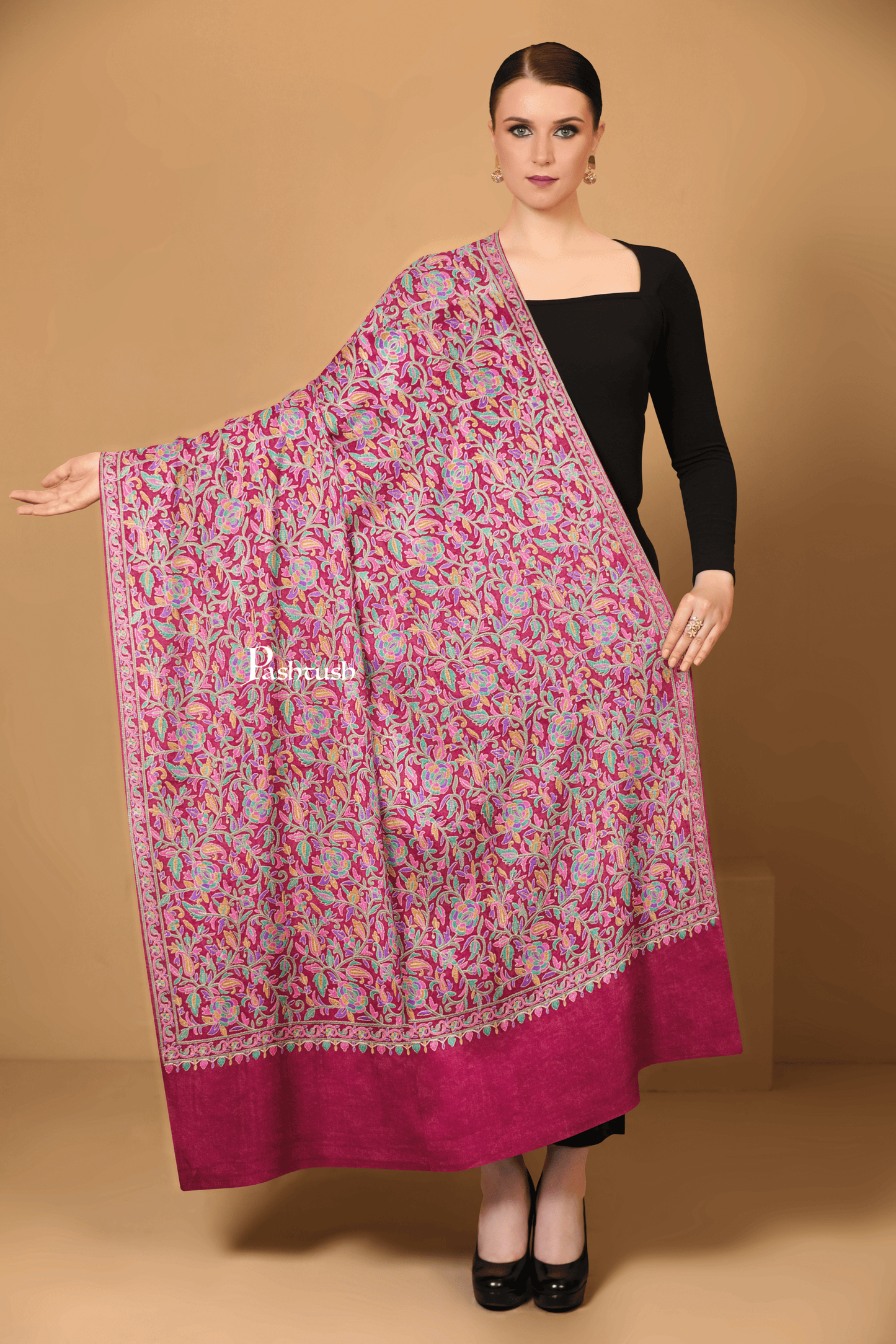 Pashtush India Womens Shawls Pashtush Womens Fine Wool Shawl, Papier Mache Embroidery, Kashmiri Jaal Design, Maroon