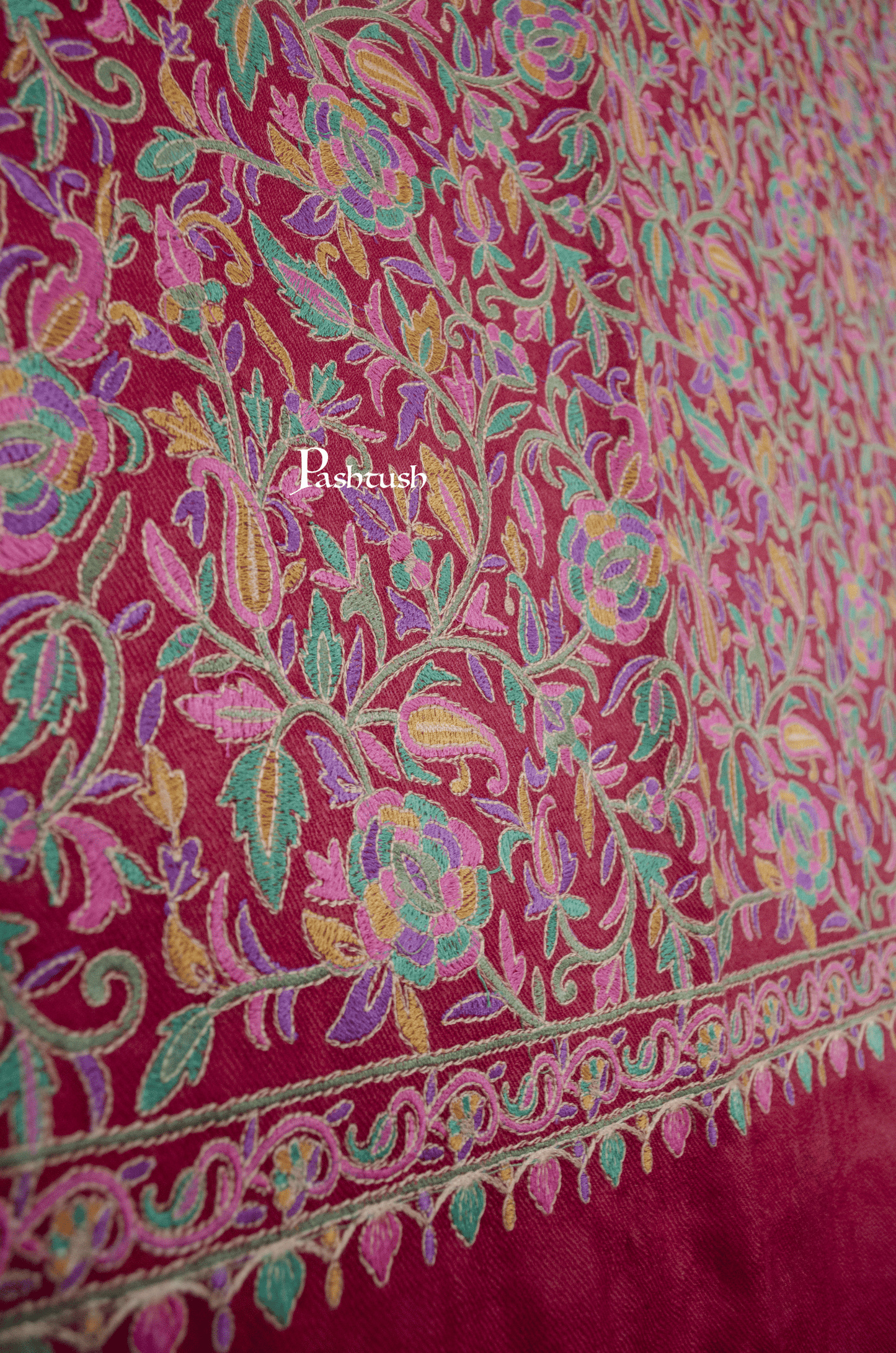 Pashtush India Womens Shawls Pashtush Womens Fine Wool Shawl, Papier Mache Embroidery, Kashmiri Jaal Design, Maroon